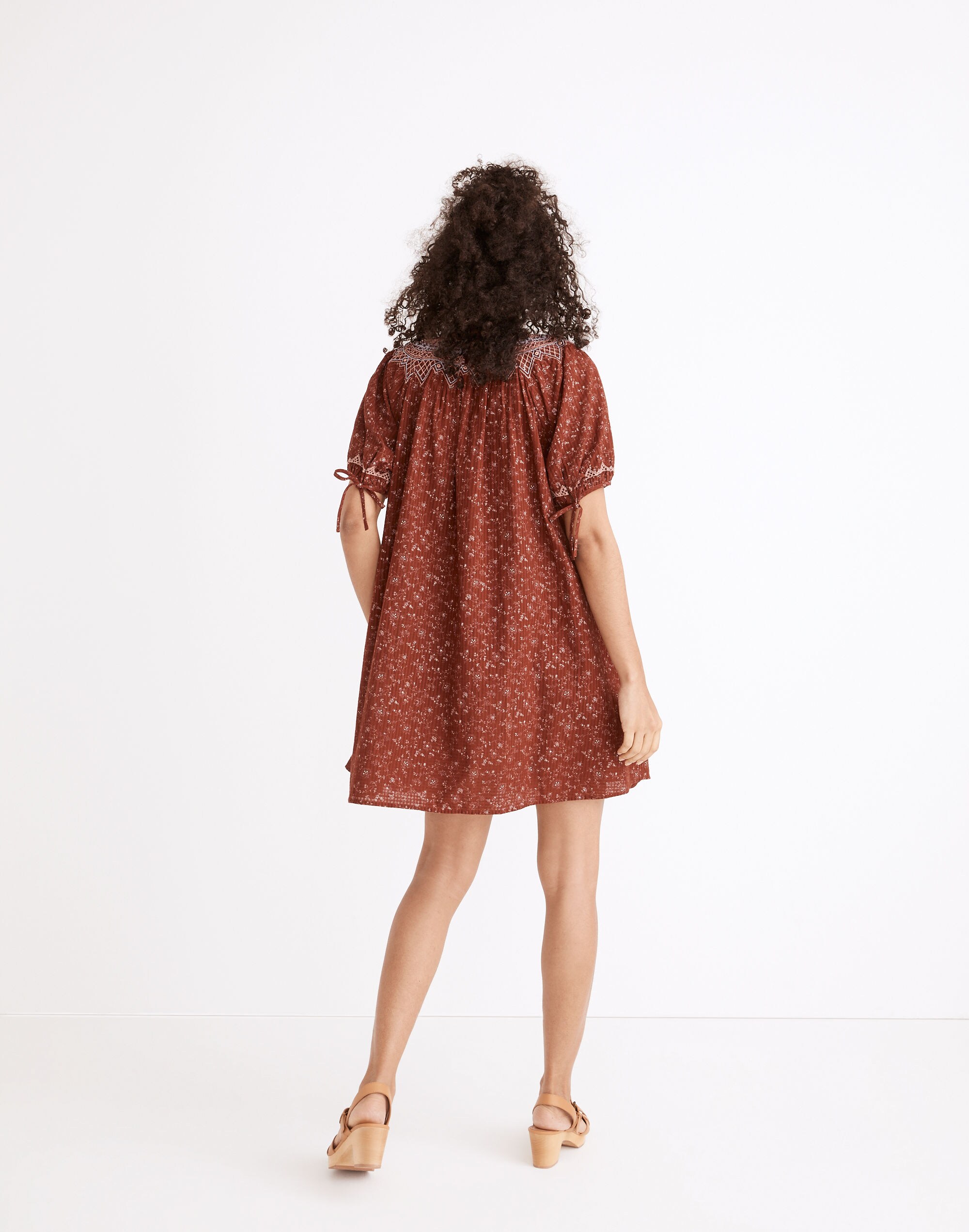 Embroidered Puff-Sleeve Babydoll Dress in Dotted Vines