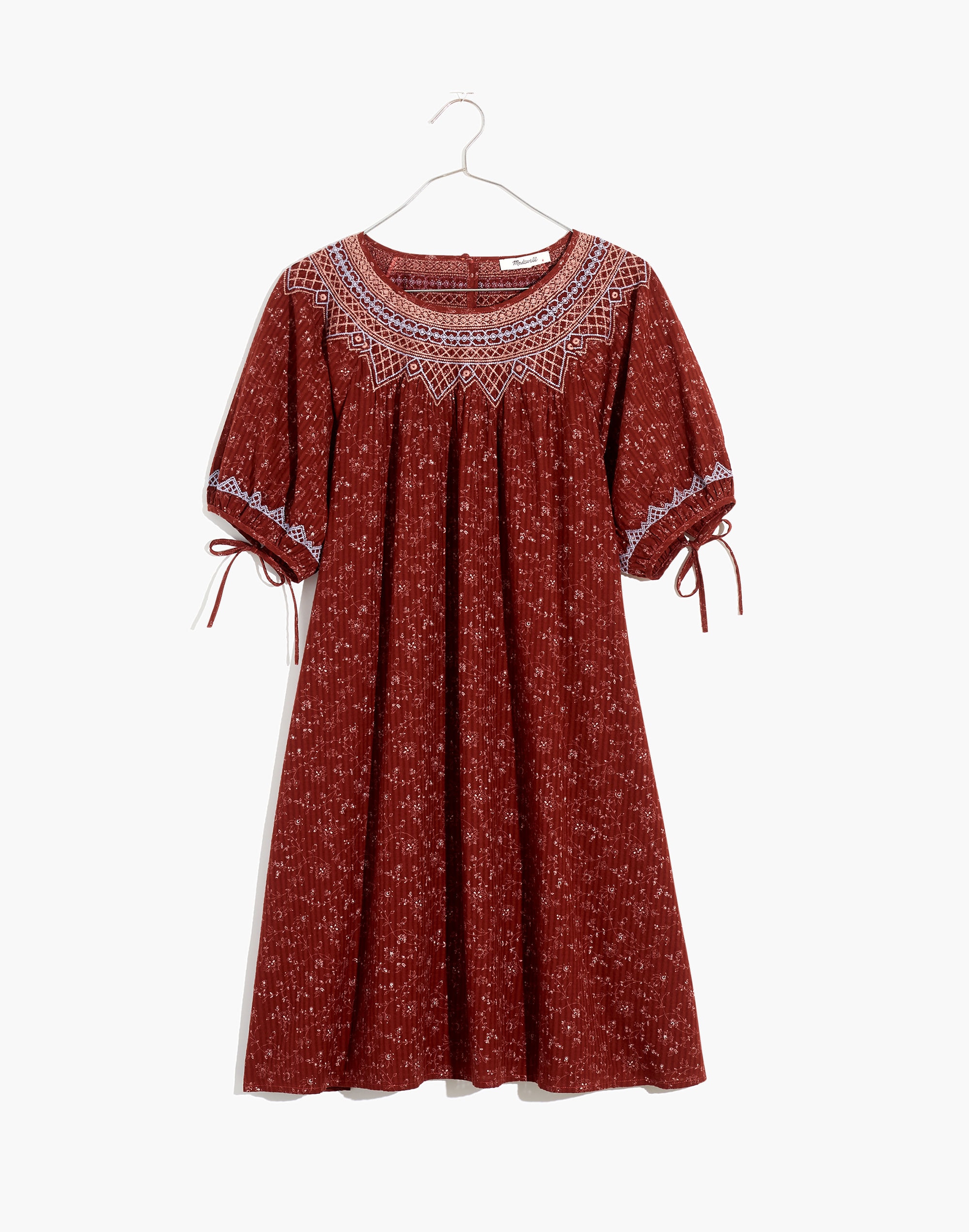 Embroidered Puff-Sleeve Babydoll Dress in Dotted Vines