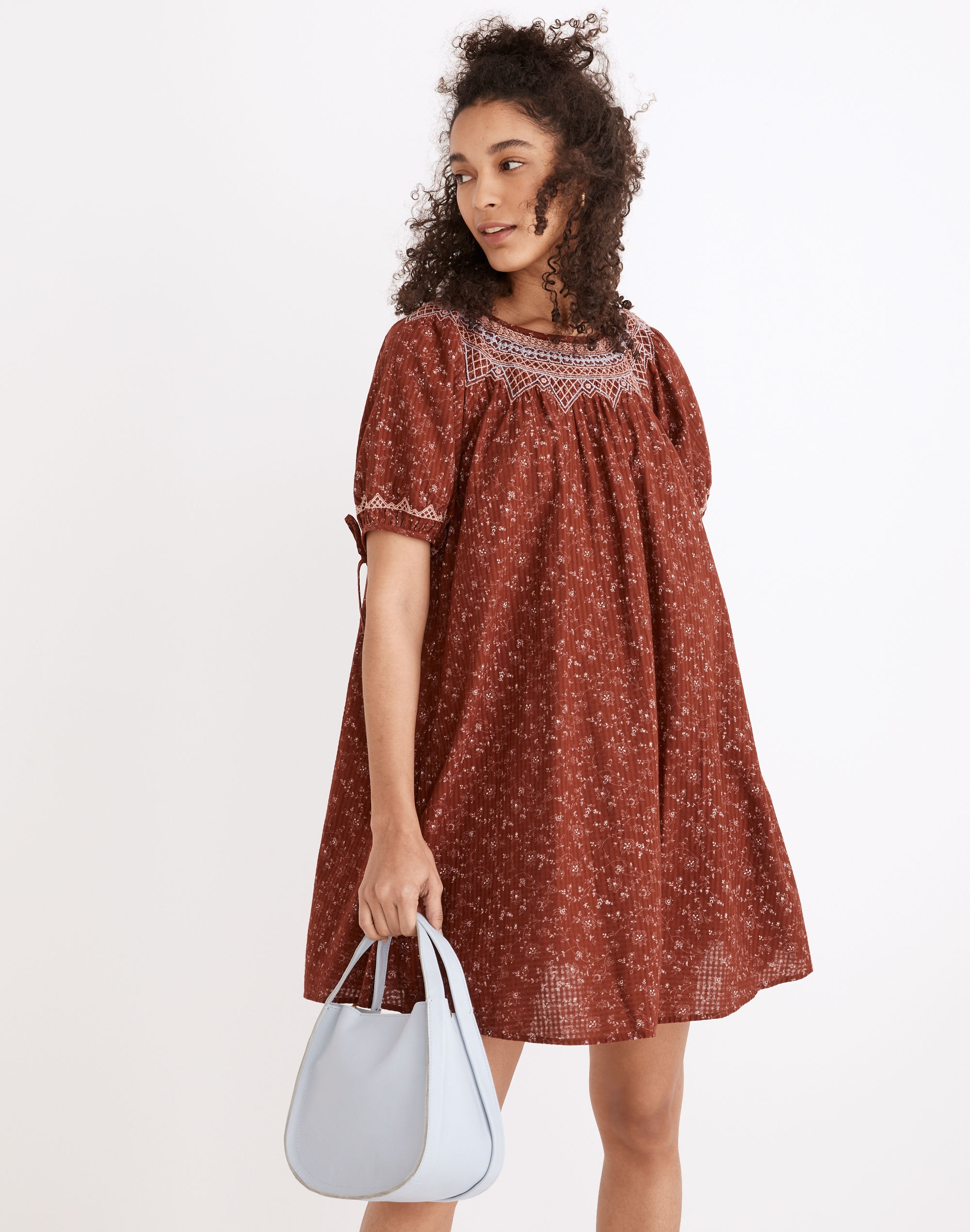 Embroidered Puff-Sleeve Babydoll Dress in Dotted Vines