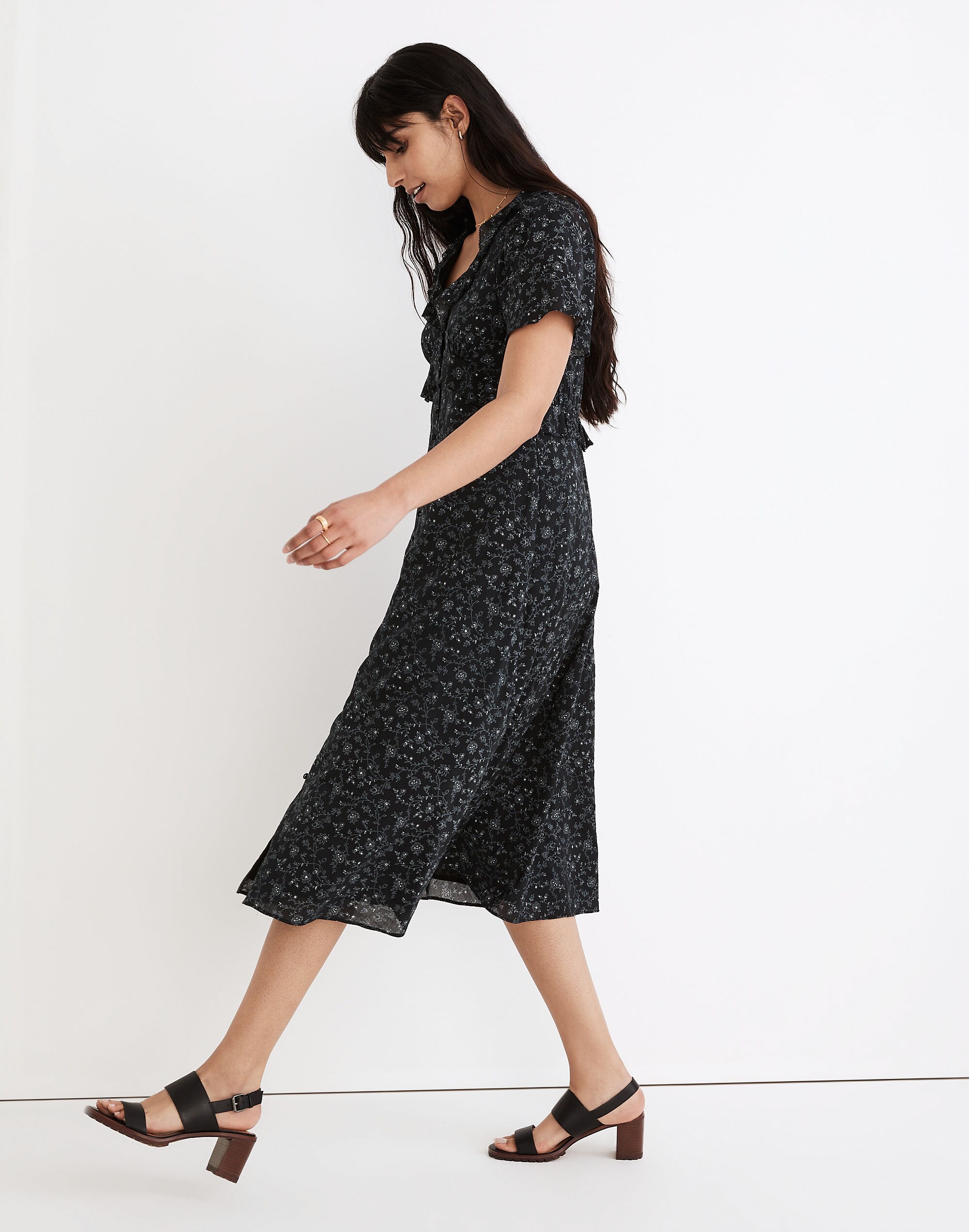 Ruffled Tiered Midi Dress in Dotted Vines