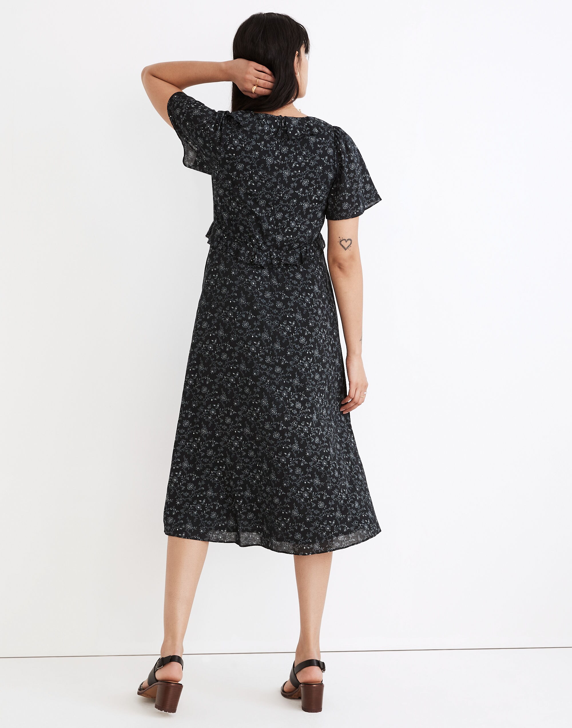 Ruffled Tiered Midi Dress in Dotted Vines