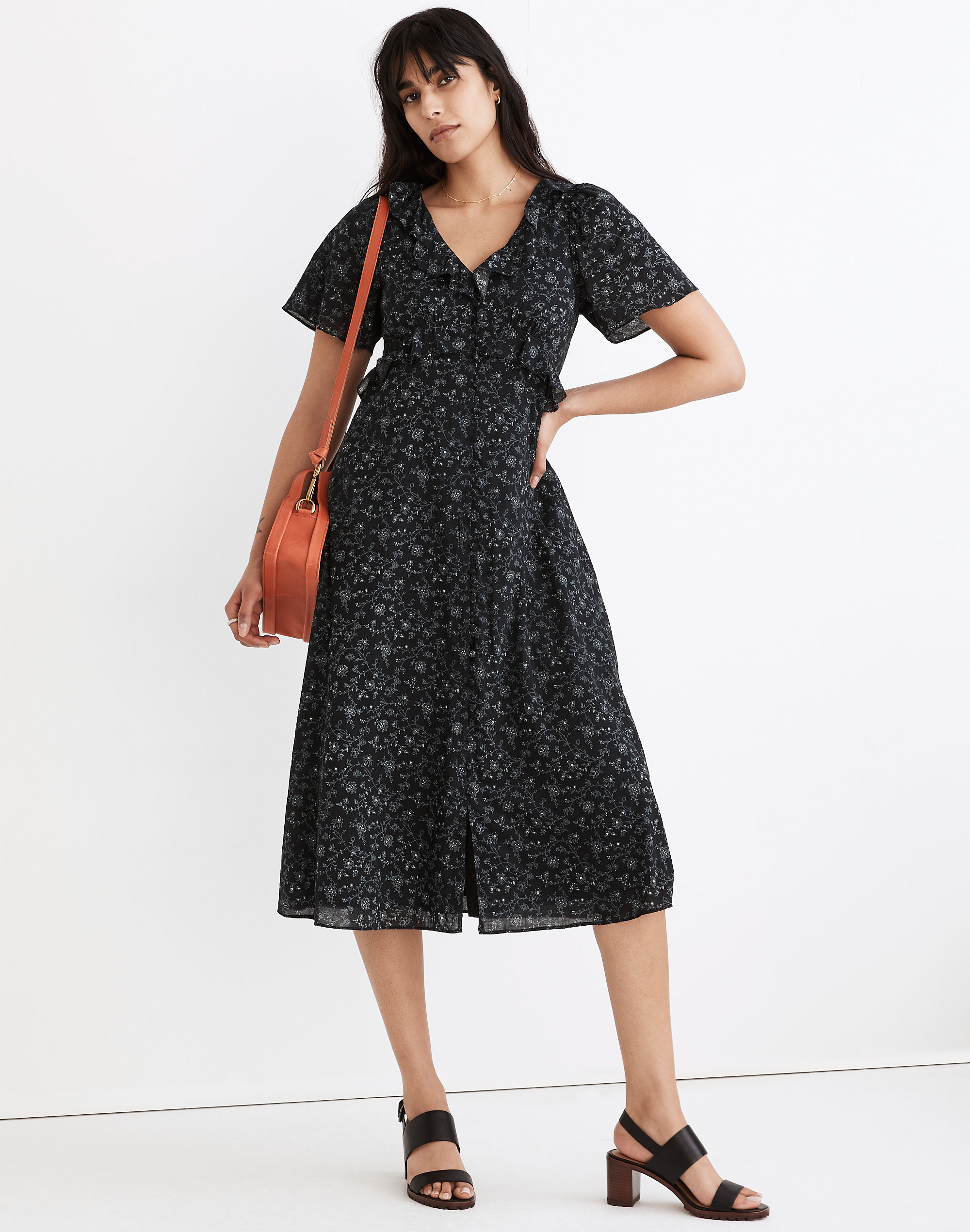 ruffled tiered midi dress in dotted vines