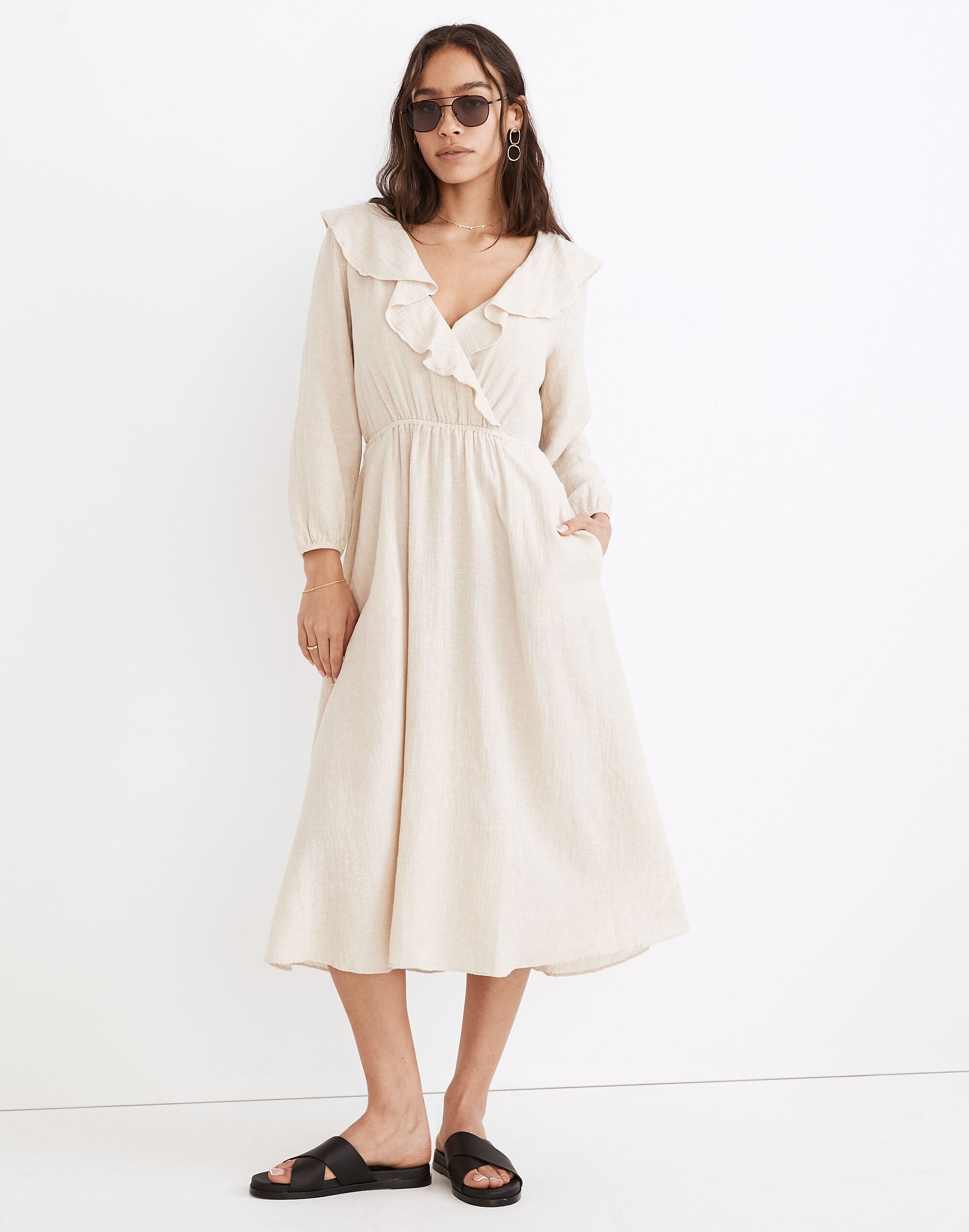 Linen-Cotton Ruffle-Neck Midi Dress