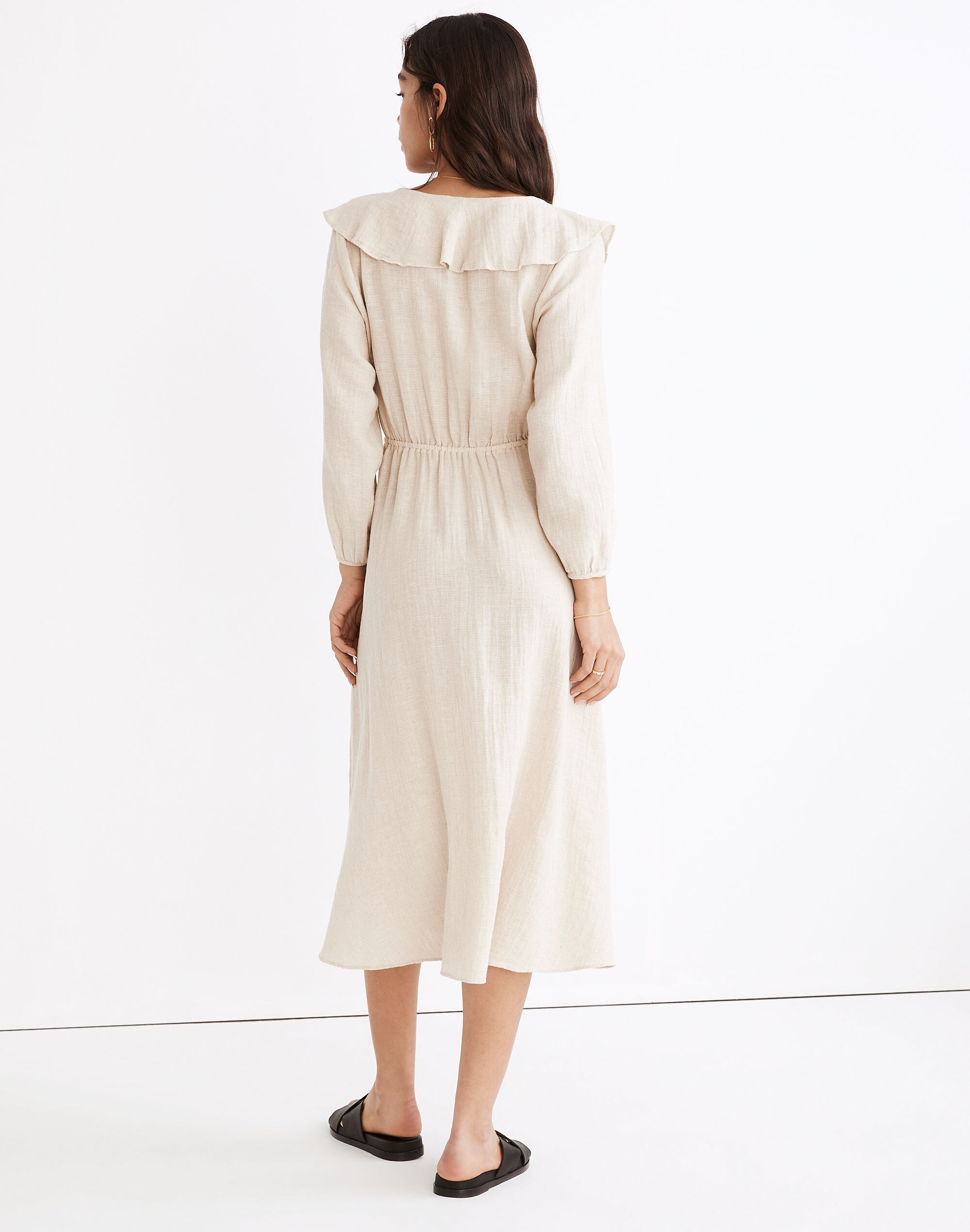 Linen-Cotton Ruffle-Neck Midi Dress