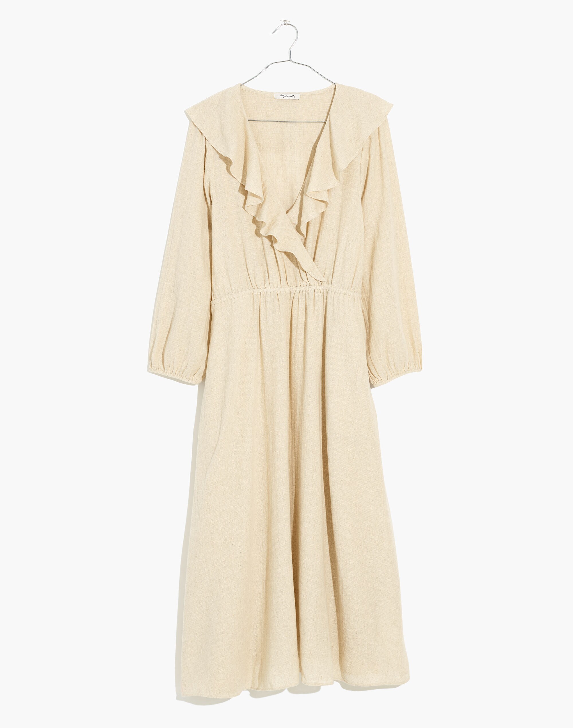 Linen-Cotton Ruffle-Neck Midi Dress
