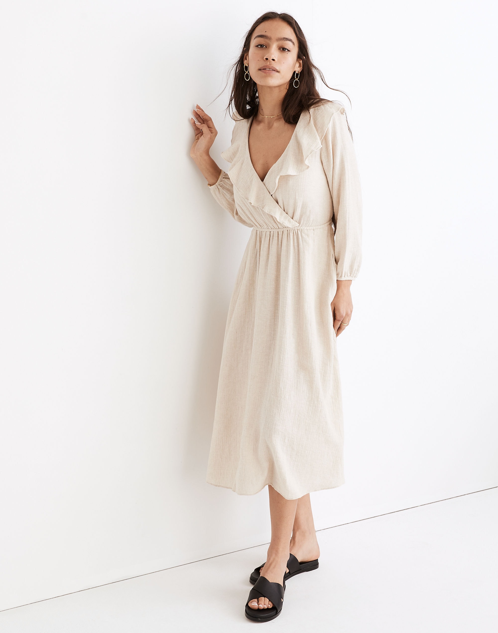 Linen-Cotton Ruffle-Neck Midi Dress