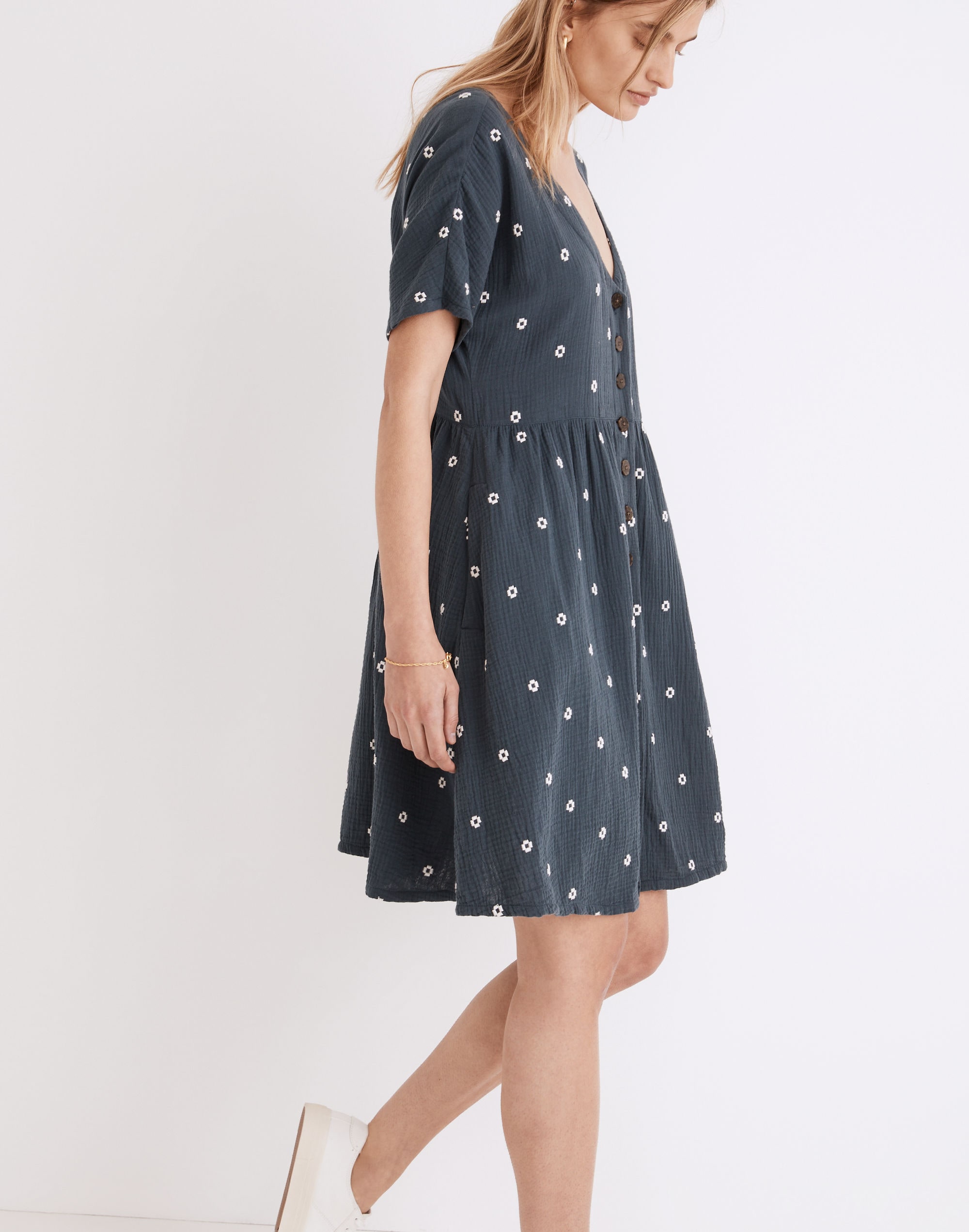Embroidered Lightspun Button-Front Mini Dress
