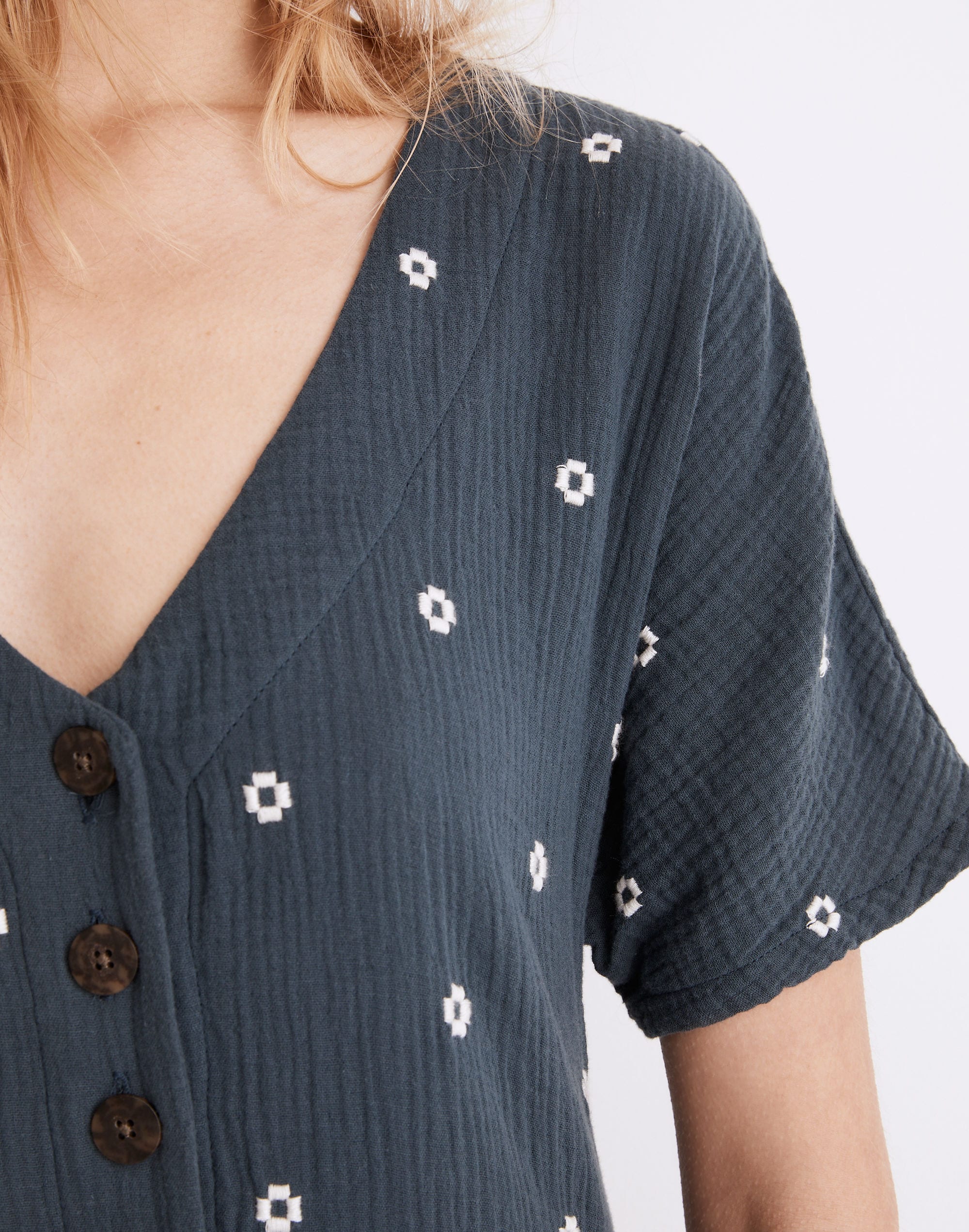 Embroidered Lightspun Button-Front Mini Dress