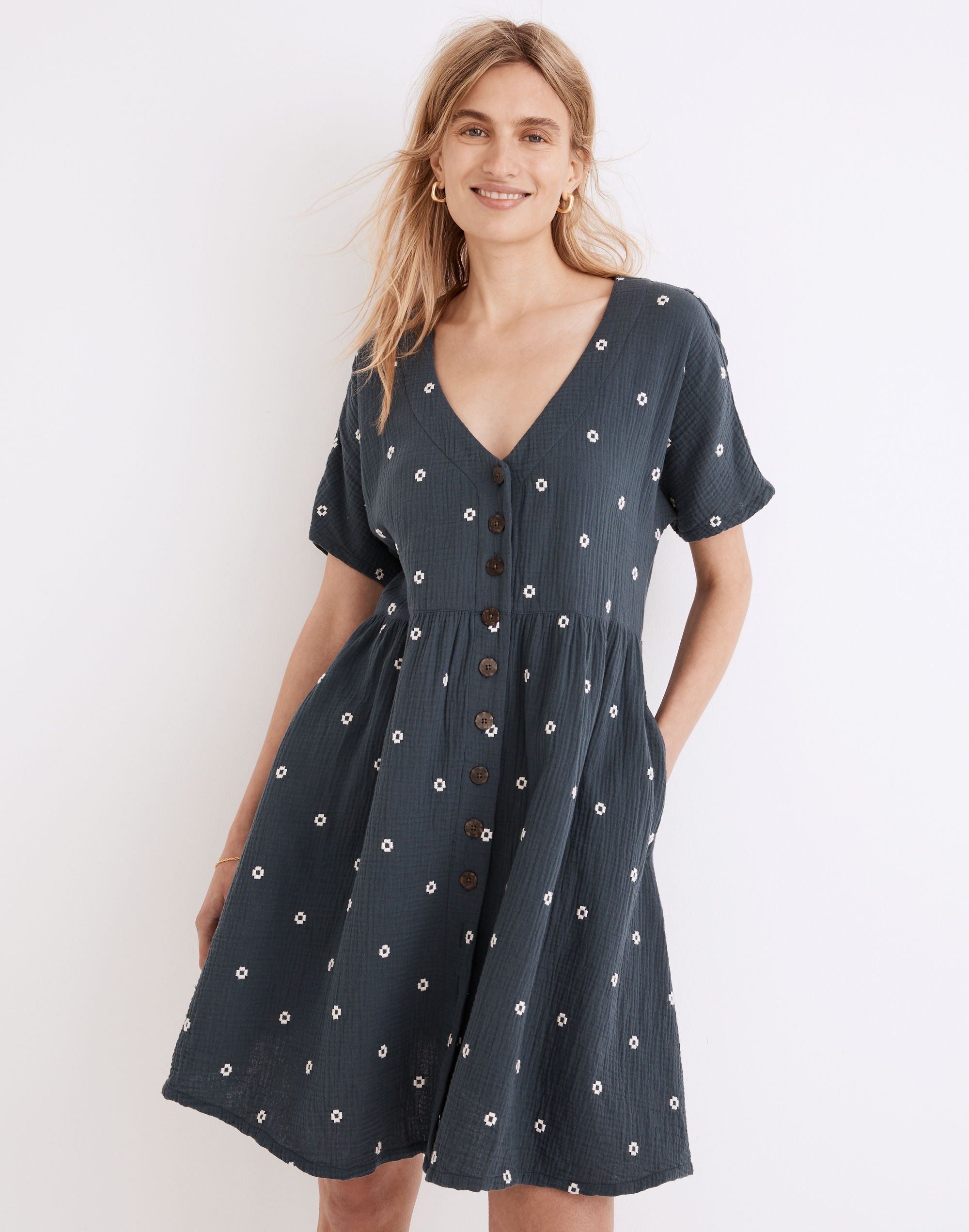 Embroidered Lightspun Button-Front Mini Dress