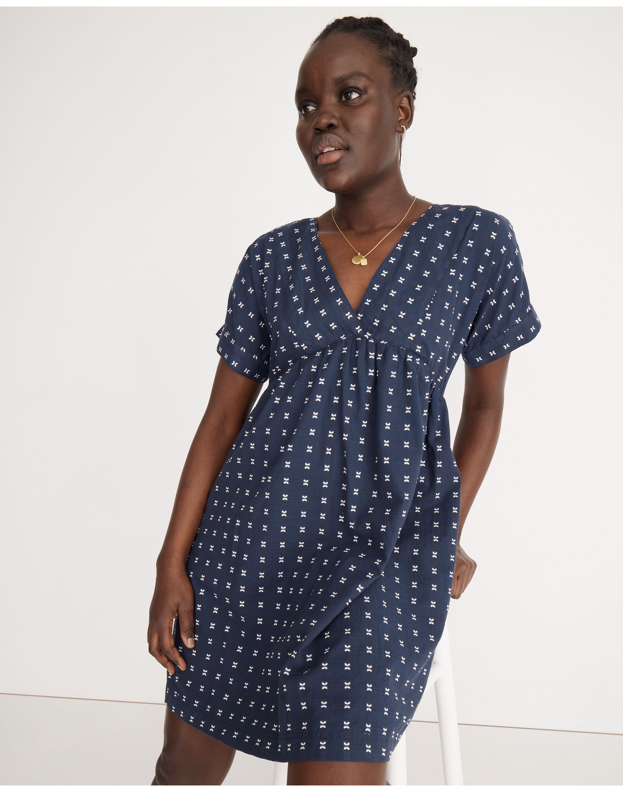 V-Neck Dolman-Sleeve Mini Dress in Textured Dot