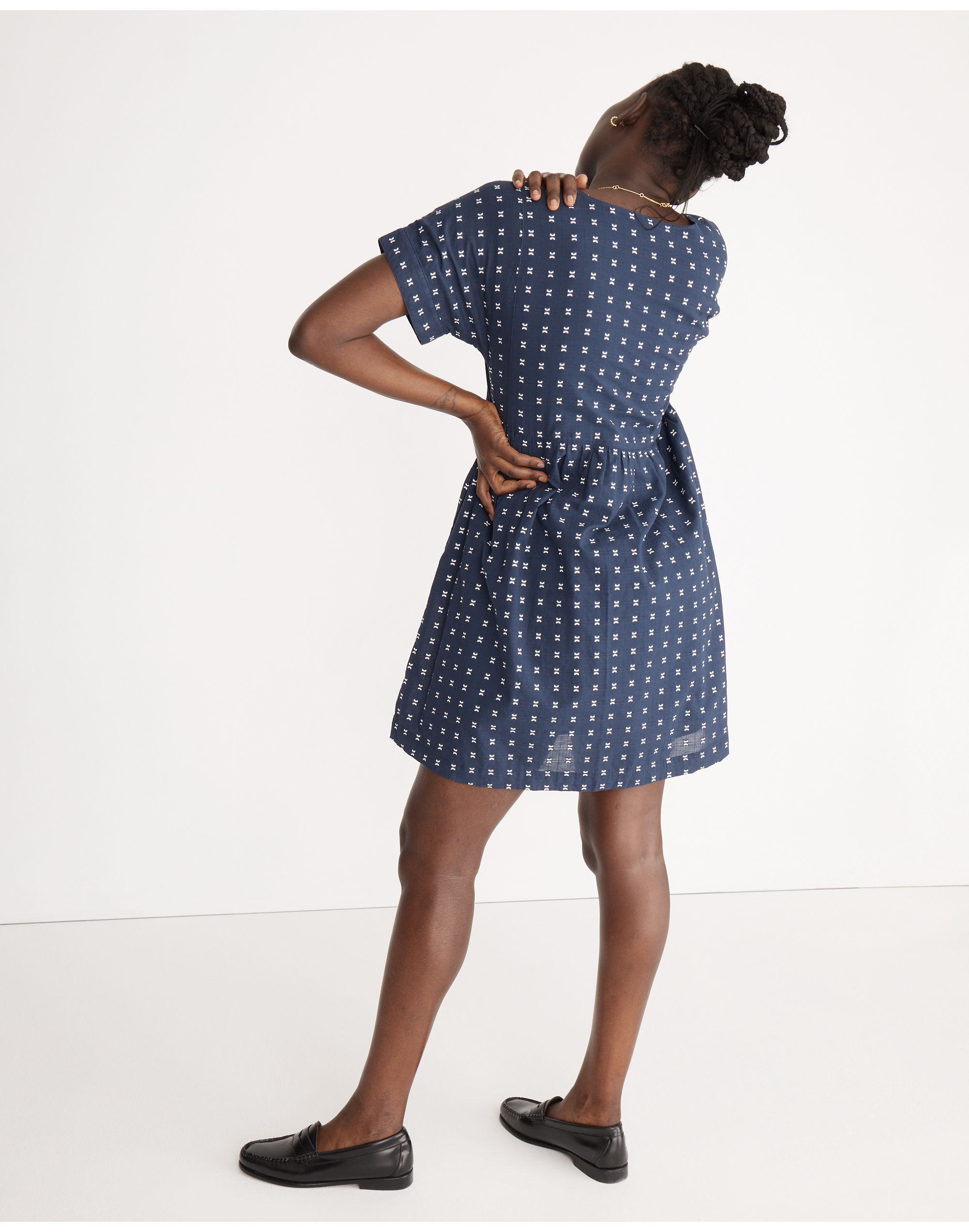 V-Neck Dolman-Sleeve Mini Dress in Textured Dot