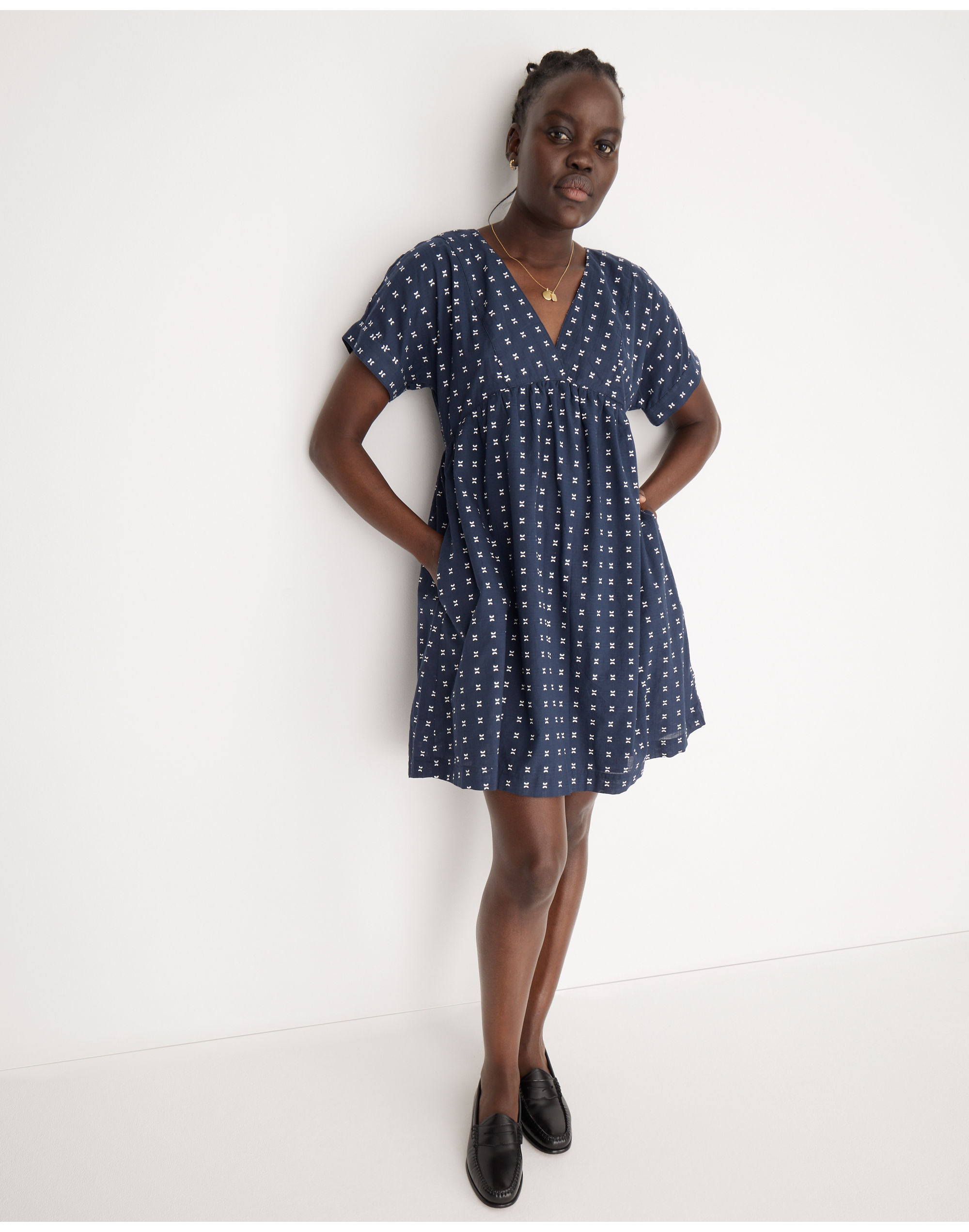 V-Neck Dolman-Sleeve Mini Dress in Textured Dot