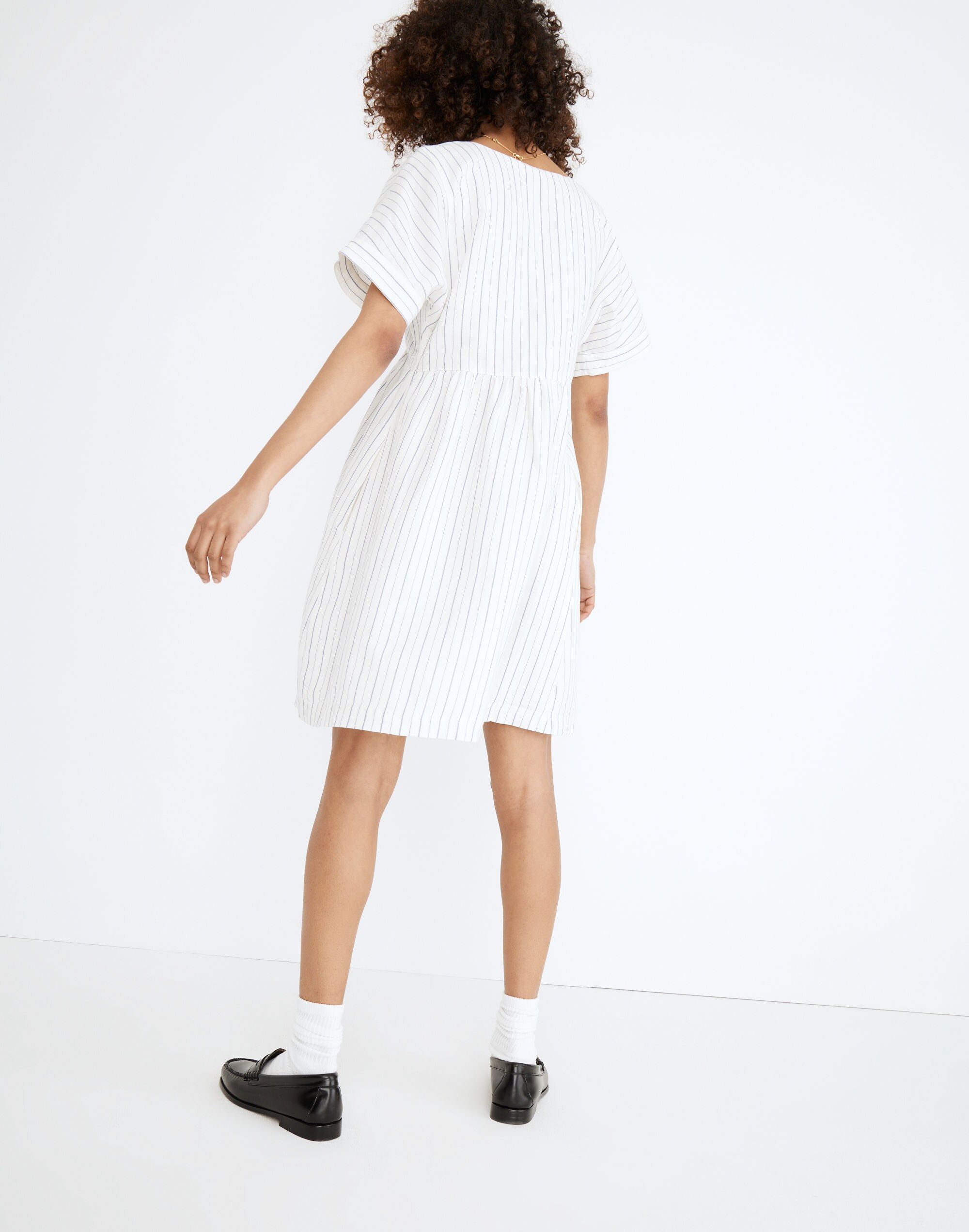 Linen-Blend V-Neck Dolman-Sleeve Mini Dress in Stripe