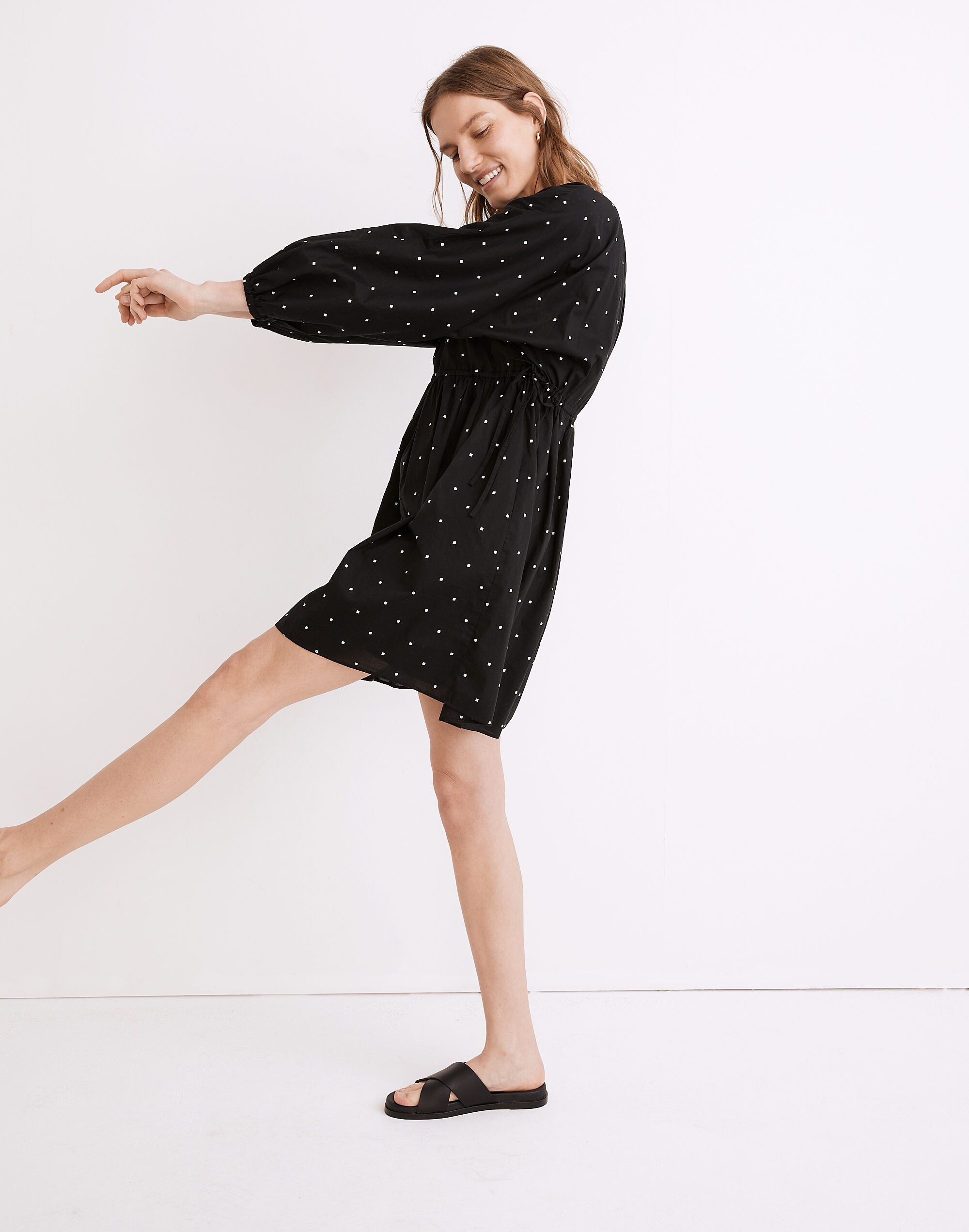 Button-Front Tie-Waist Mini Dress in Square Spot