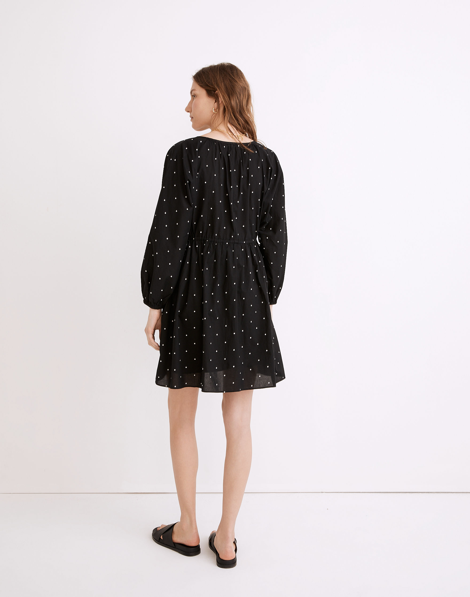 Button-Front Tie-Waist Mini Dress in Square Spot