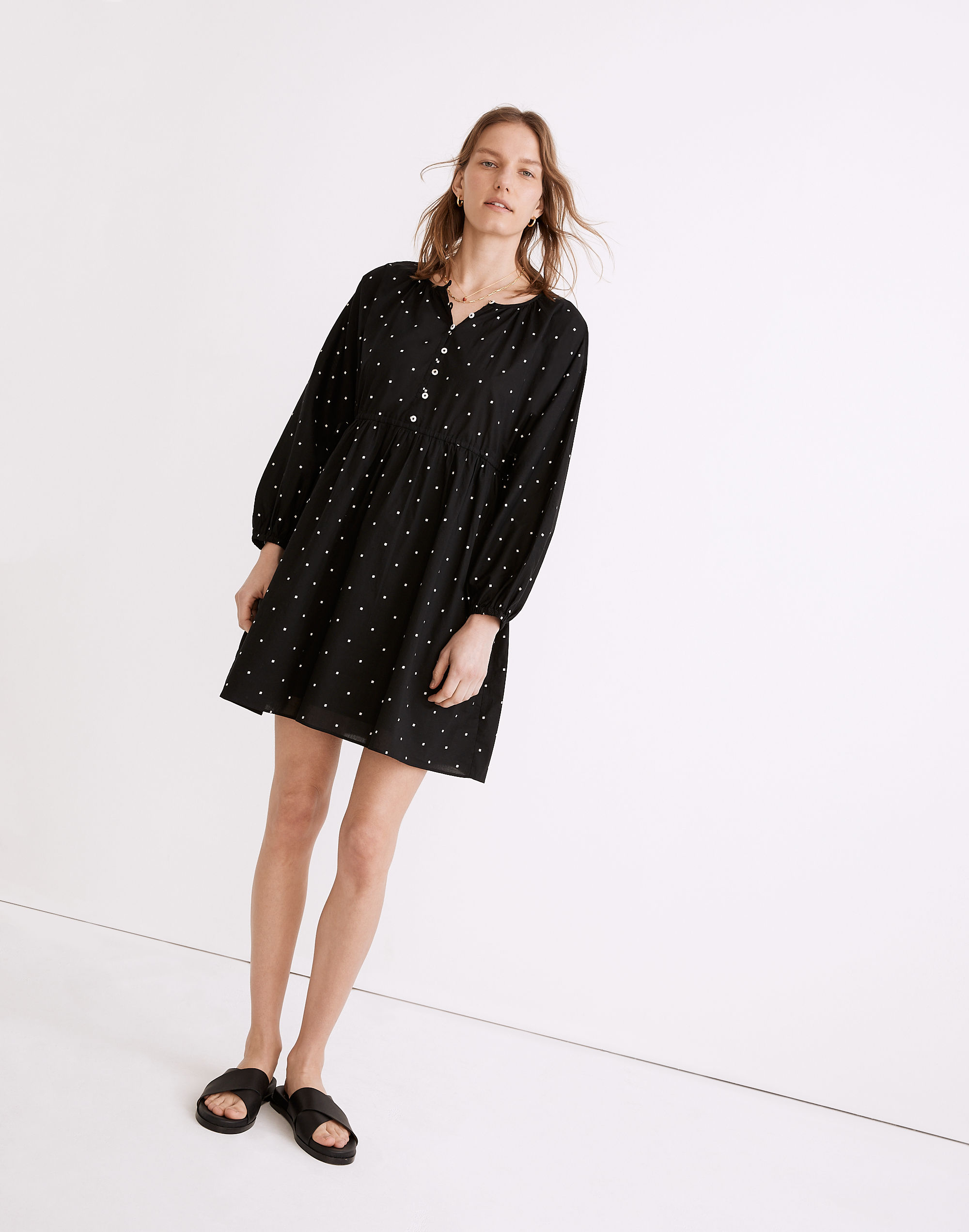 button-front tie-waist mini dress in square spot