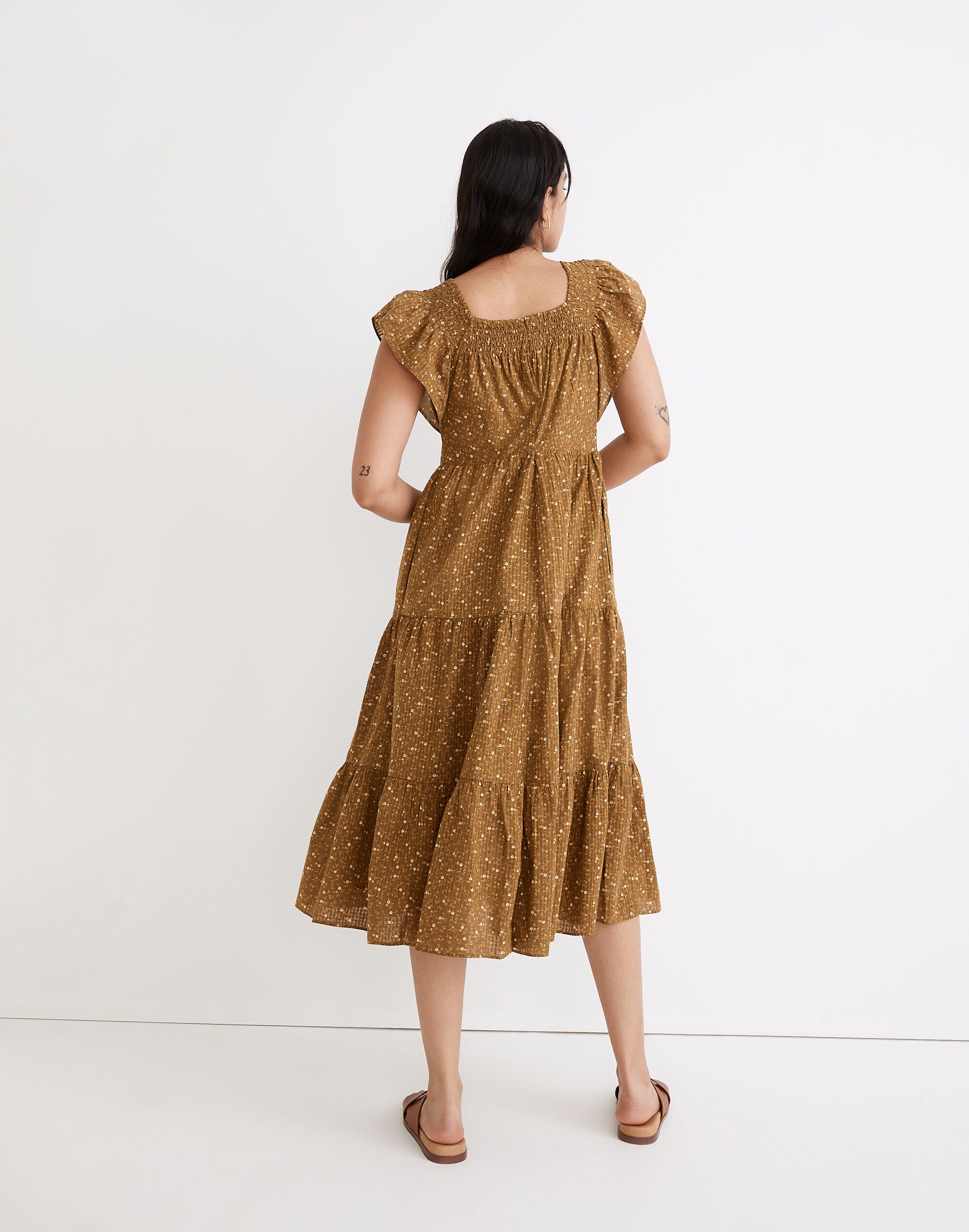 Ruffle-Sleeve Tiered Midi Dress in Daisy Stitch