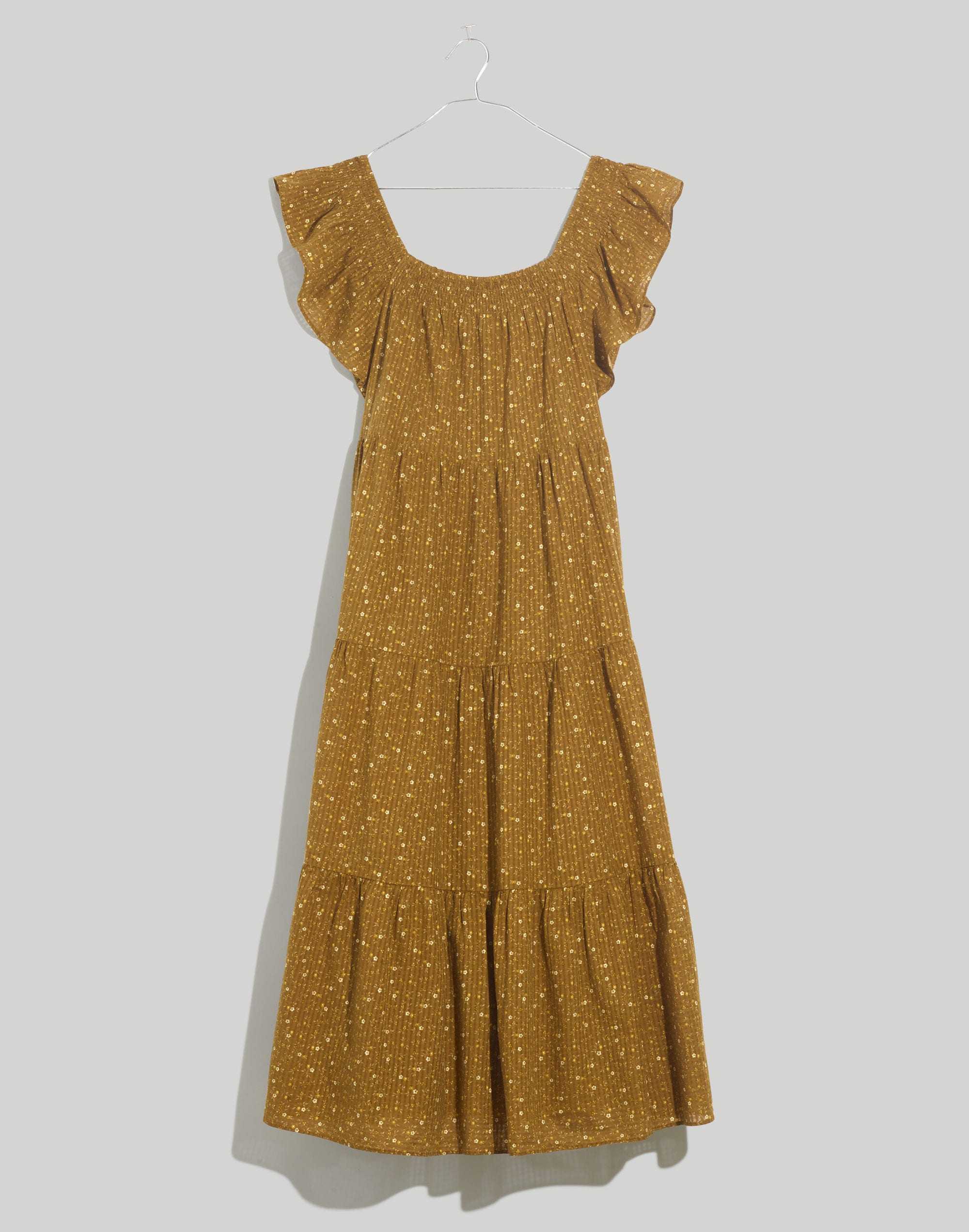 Ruffle-Sleeve Tiered Midi Dress in Daisy Stitch