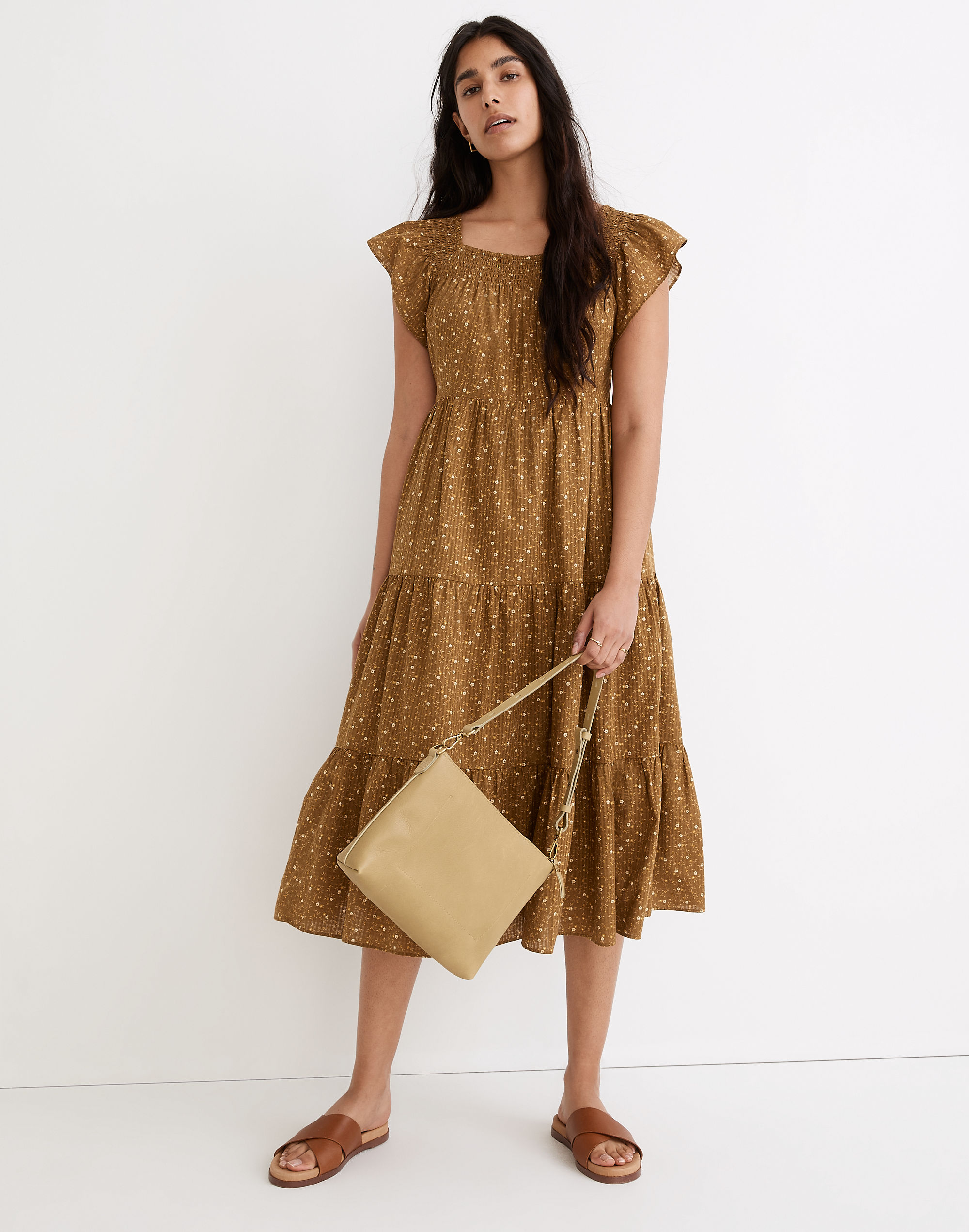 ruffle-sleeve tiered midi dress in daisy stitch