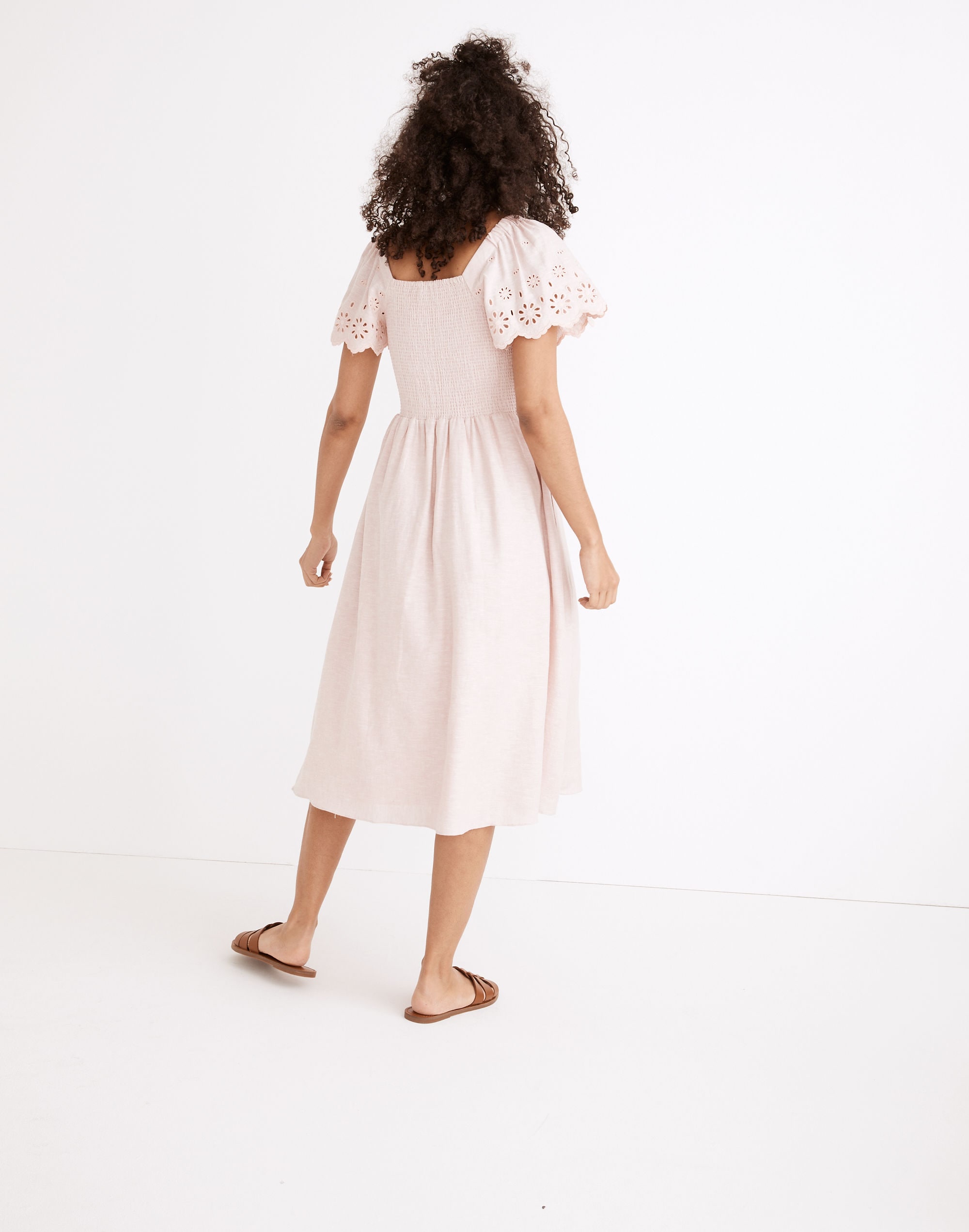Linen-Blend Eyelet-Sleeve Lucie Smocked Midi Dress