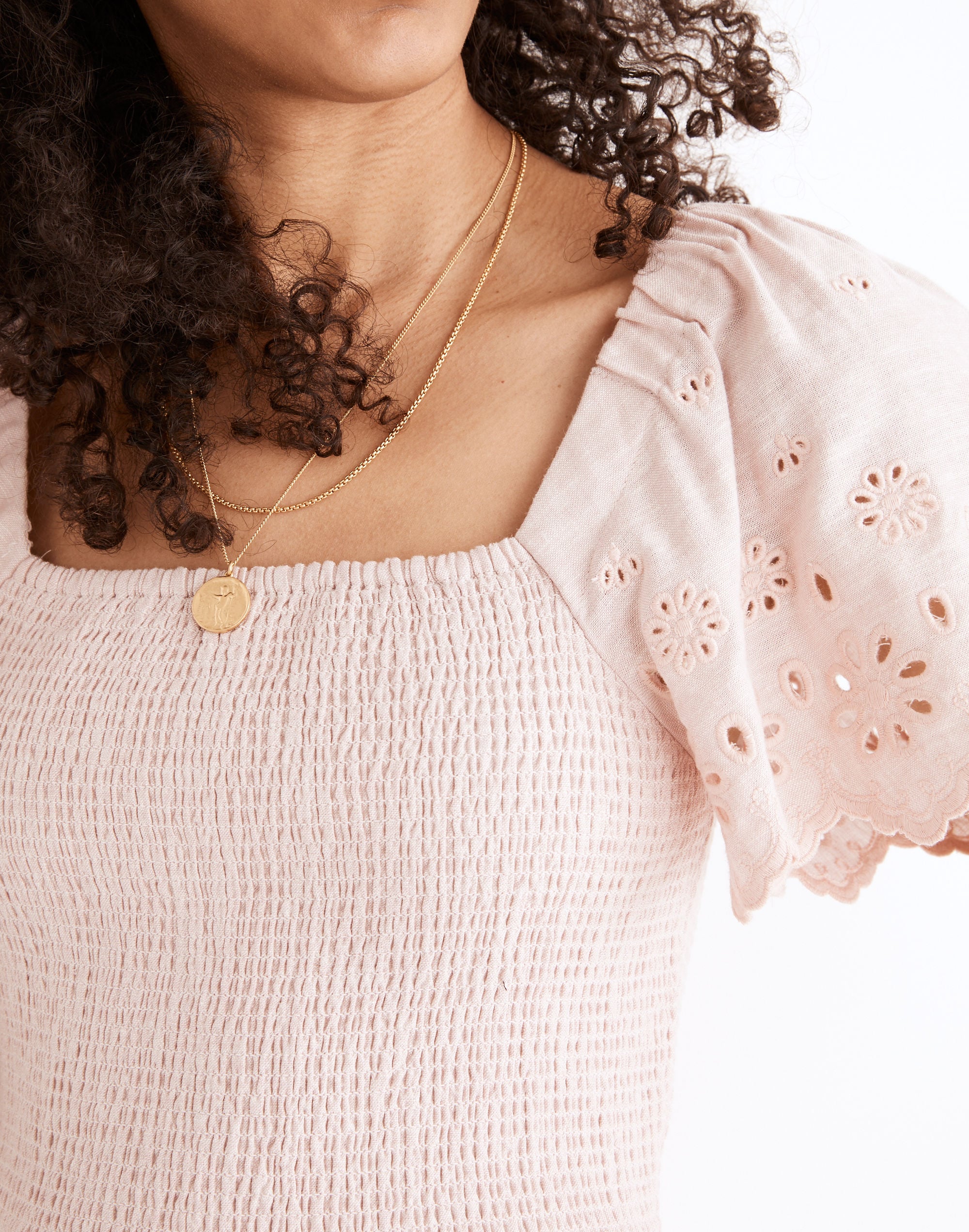 Linen-Blend Eyelet-Sleeve Lucie Smocked Midi Dress