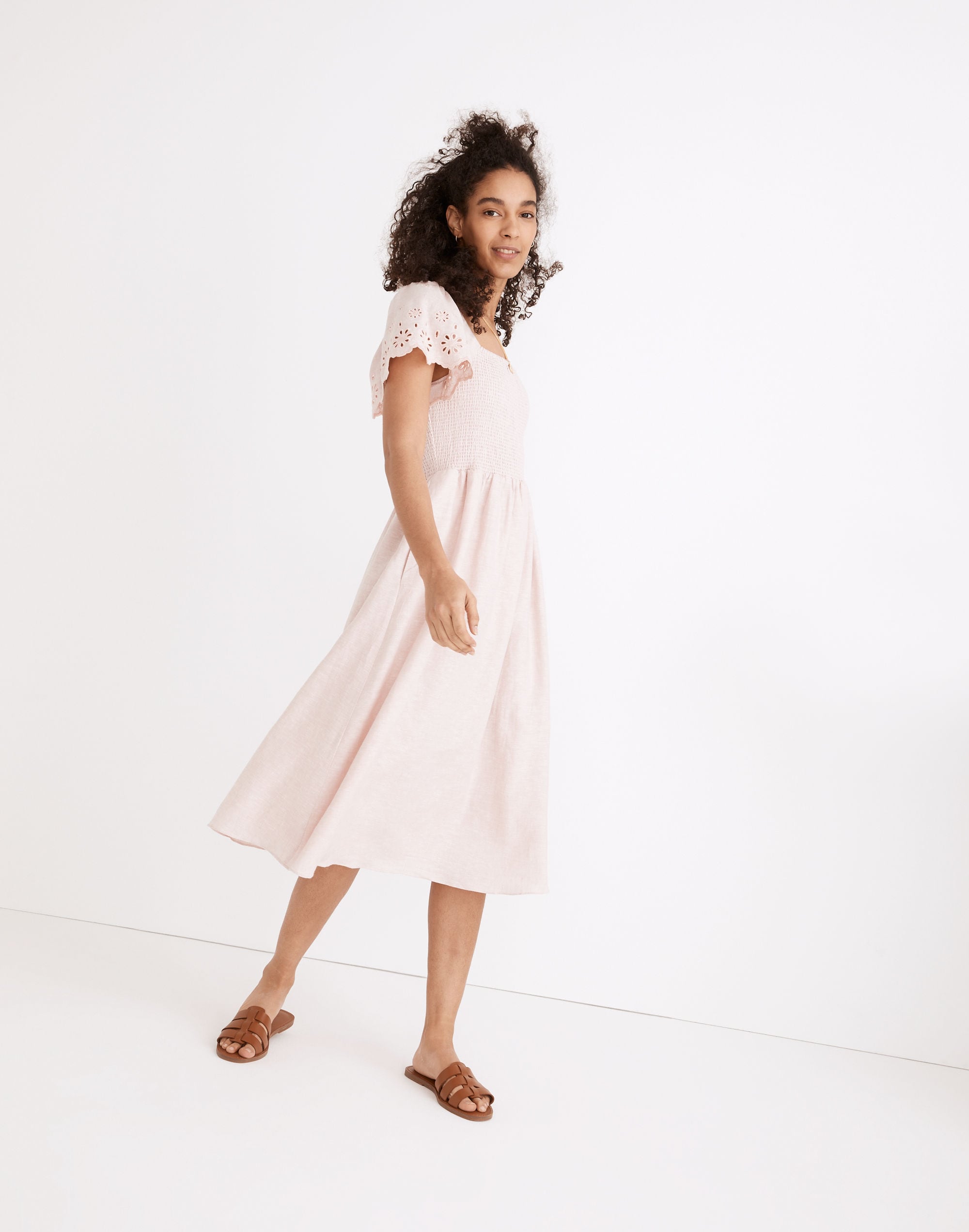 Linen-Blend Eyelet-Sleeve Lucie Smocked Midi Dress