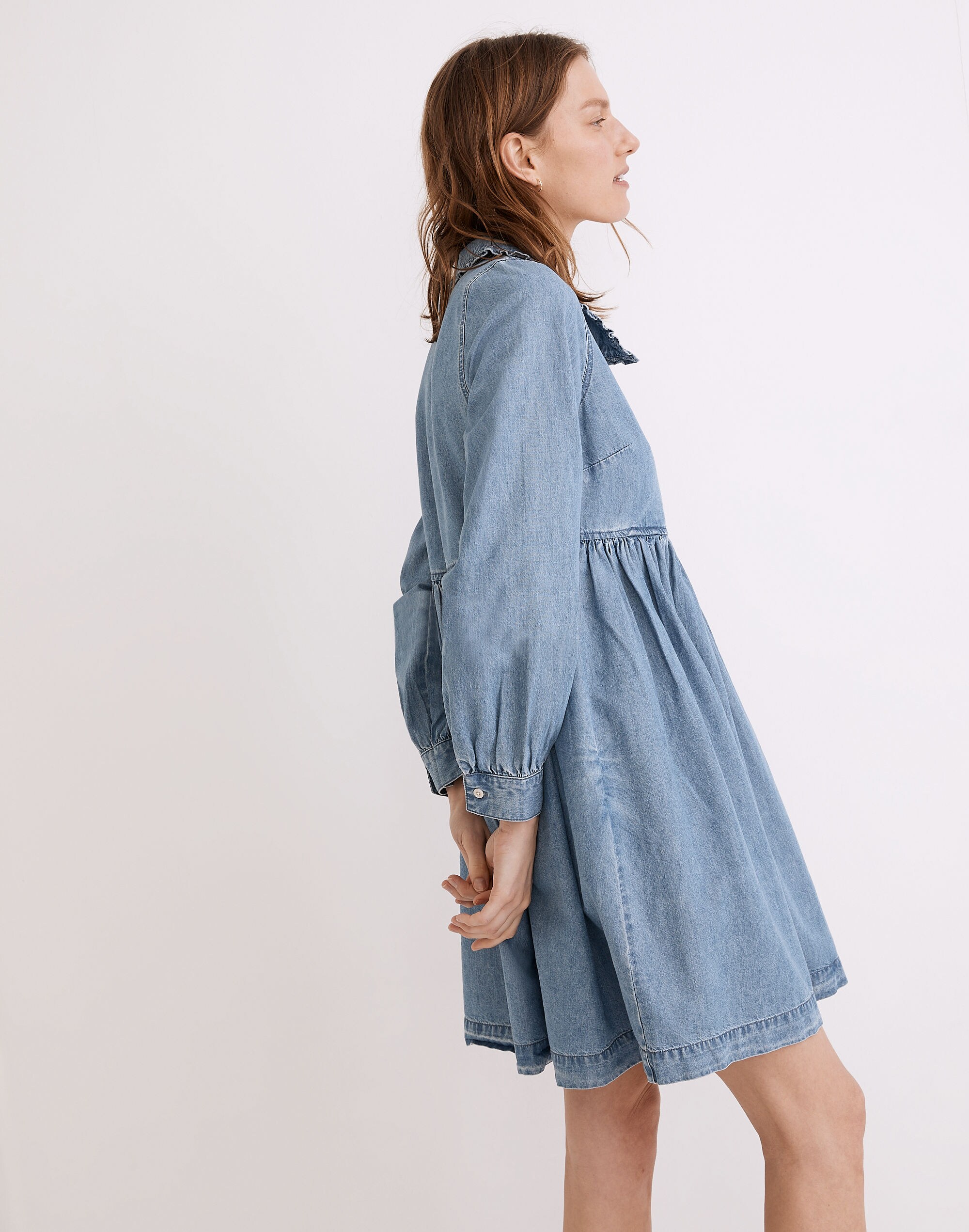 Ruffle-Collar Faux-Wrap Dress: TENCEL&trade; Denim Edition