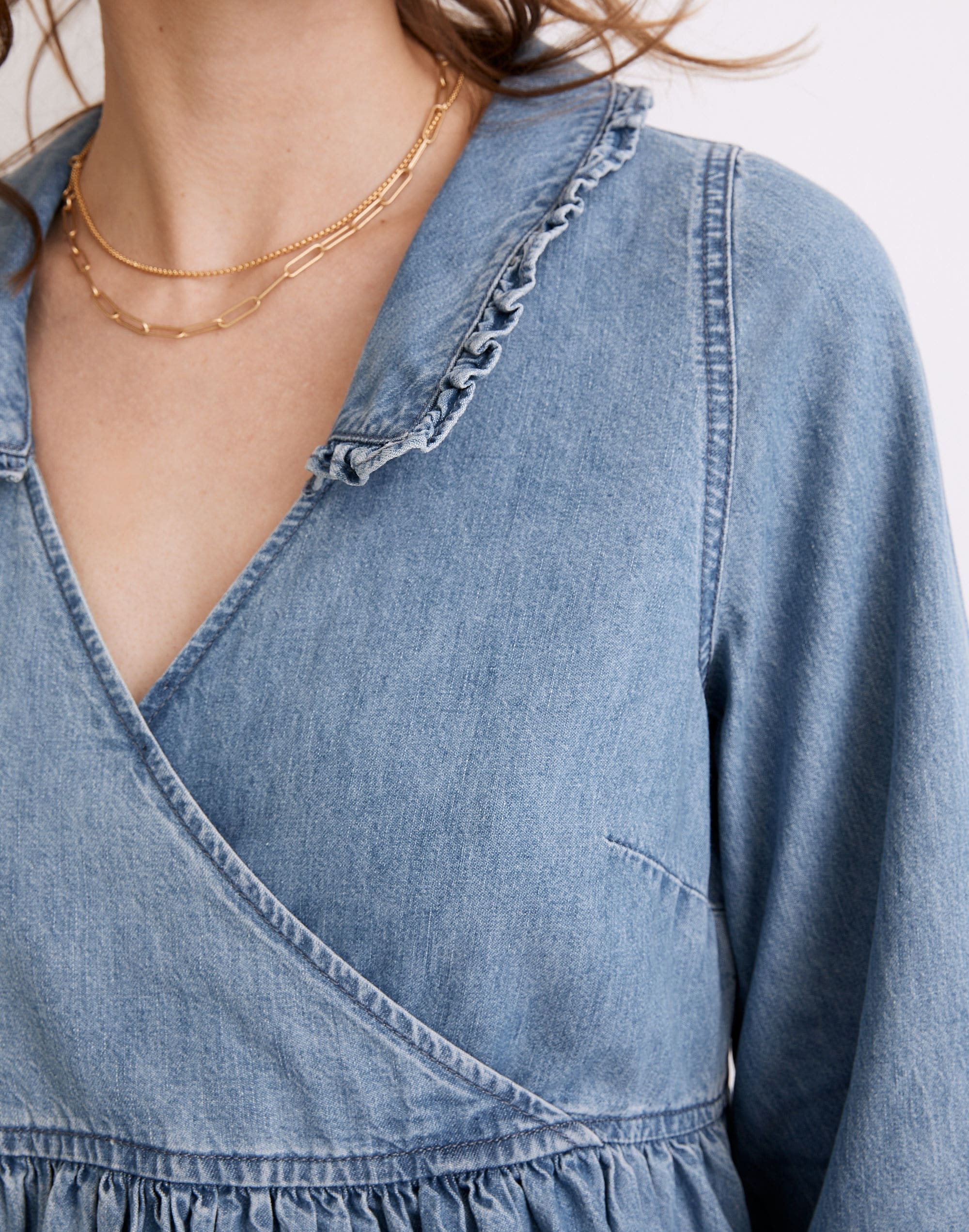 Ruffle-Collar Faux-Wrap Dress: TENCEL&trade; Denim Edition