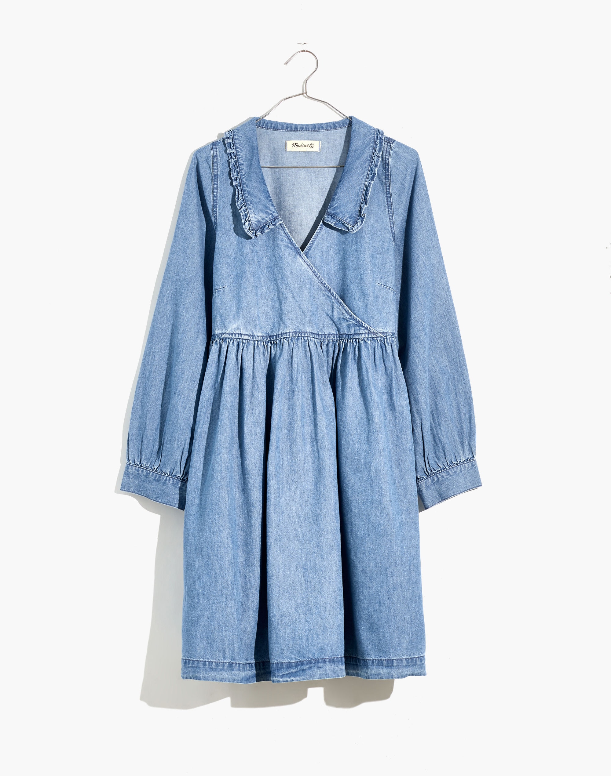 Ruffle-Collar Faux-Wrap Dress: TENCEL&trade; Denim Edition