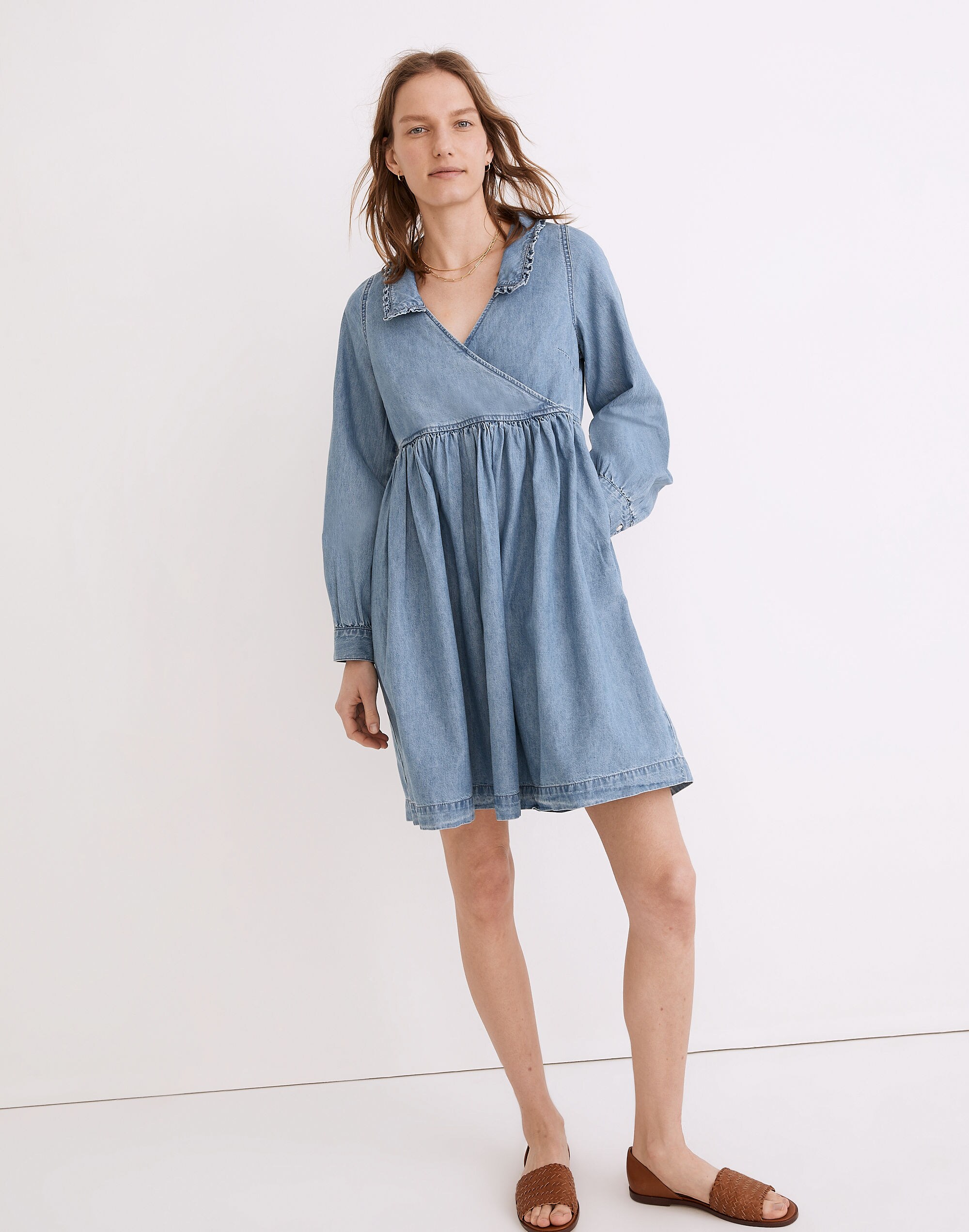 Ruffle-Collar Faux-Wrap Dress: TENCEL&trade; Denim Edition