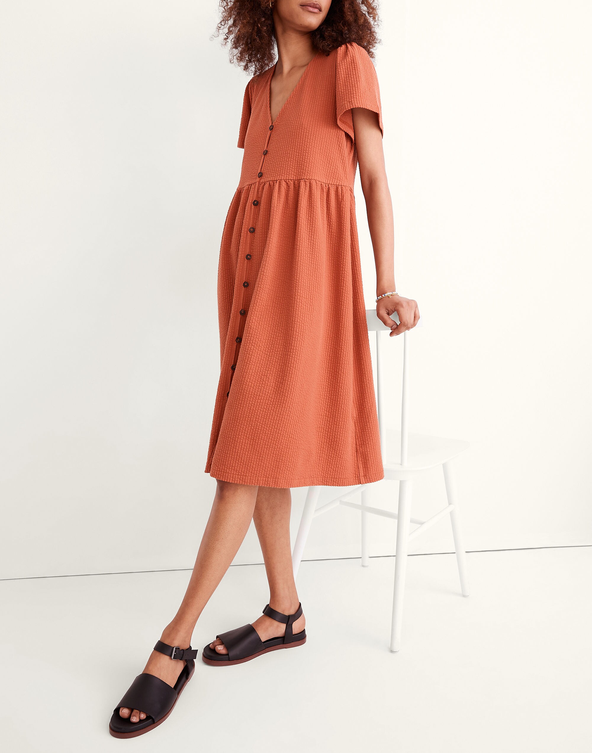Seersucker Knit Button-Front Midi Dress