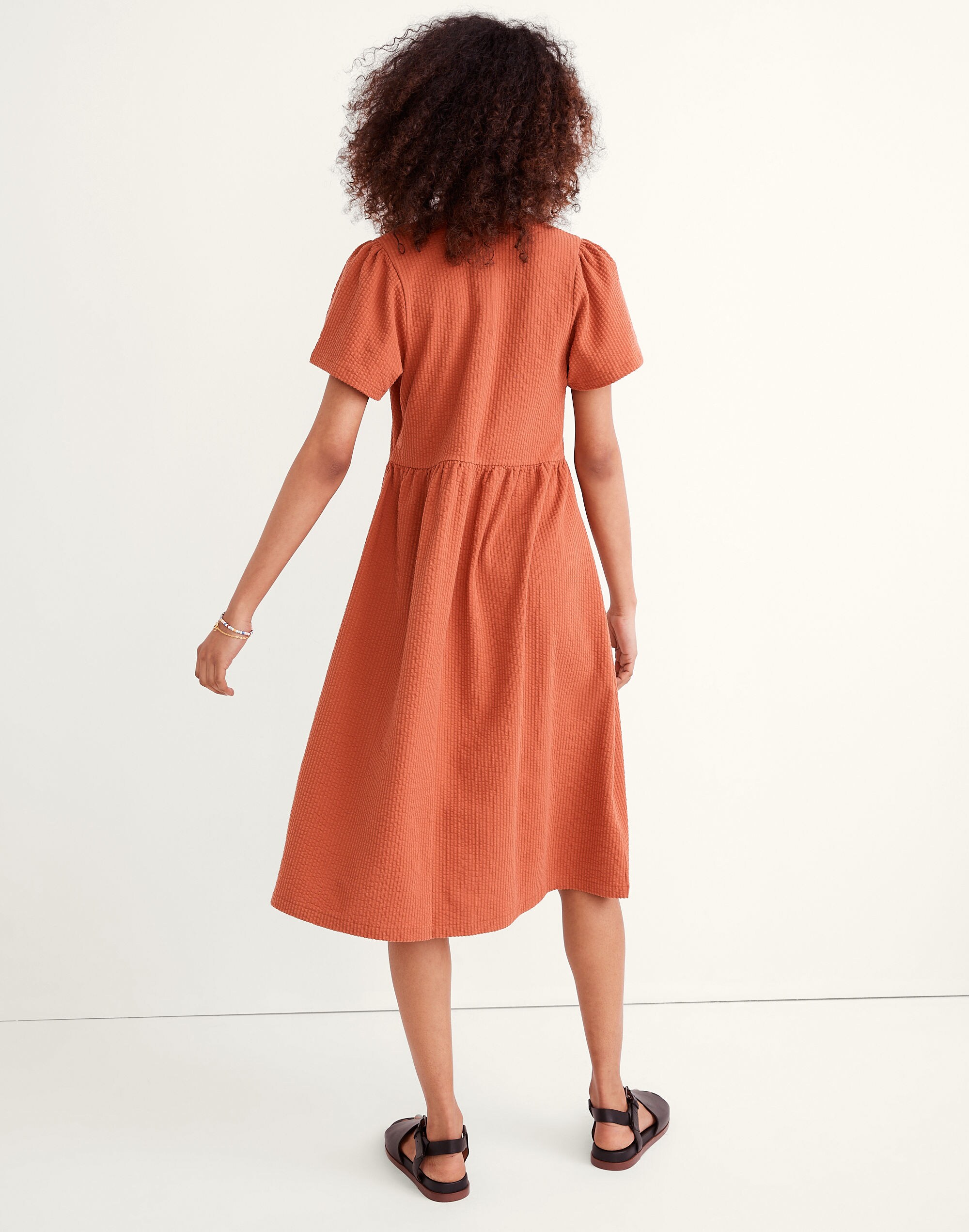 Seersucker Knit Button-Front Midi Dress