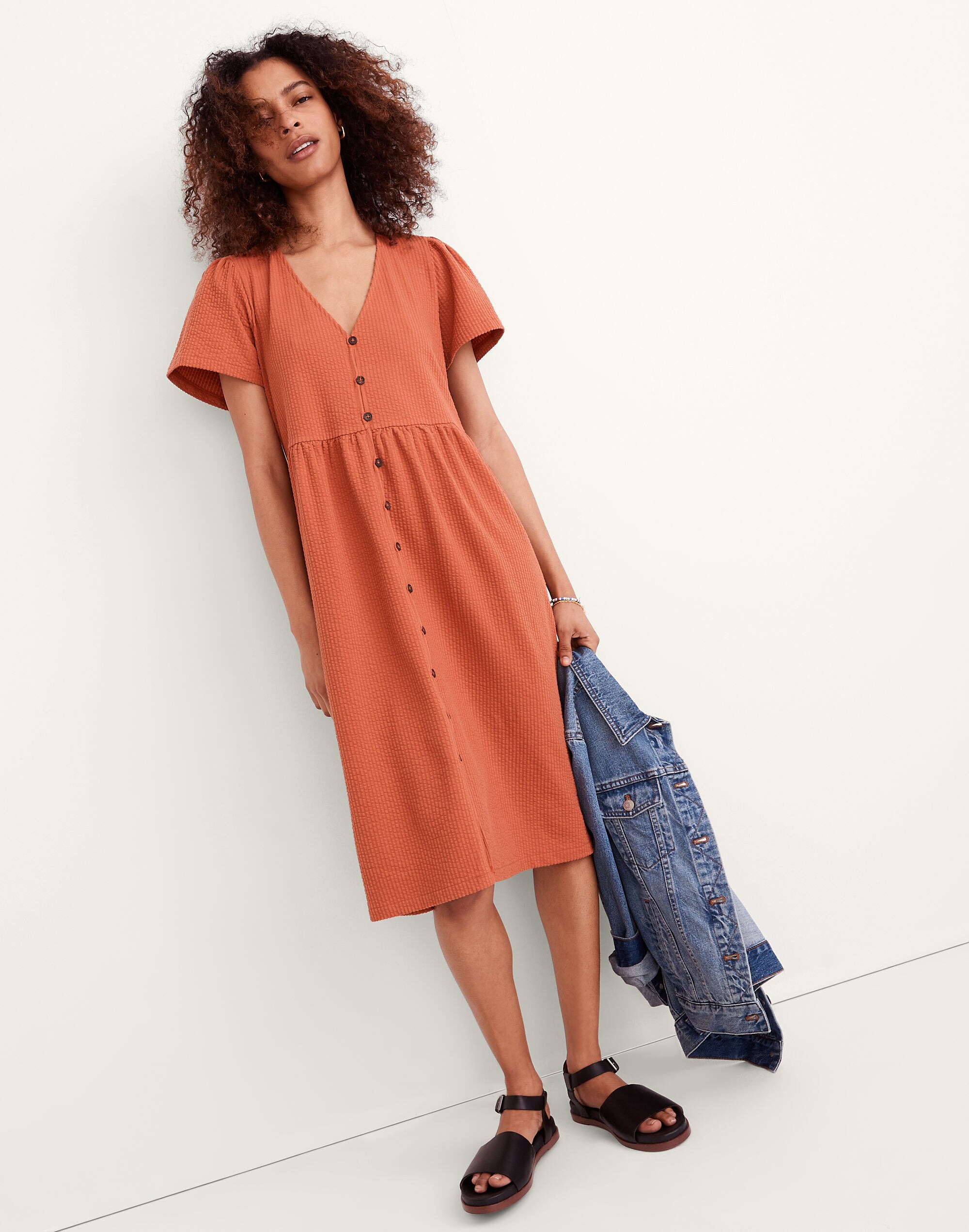 Seersucker Knit Button-Front Midi Dress