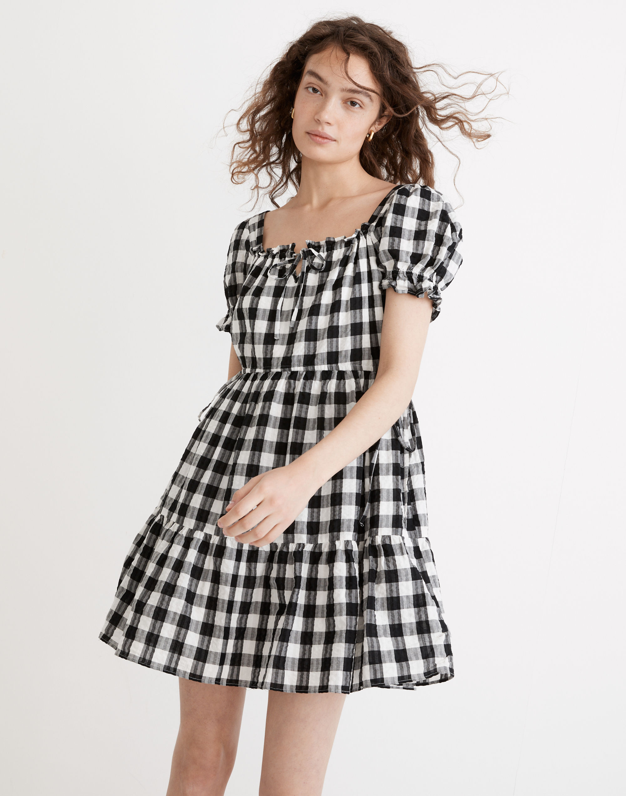 Square-Neck Tiered Mini Dress in Gingham Seersucker