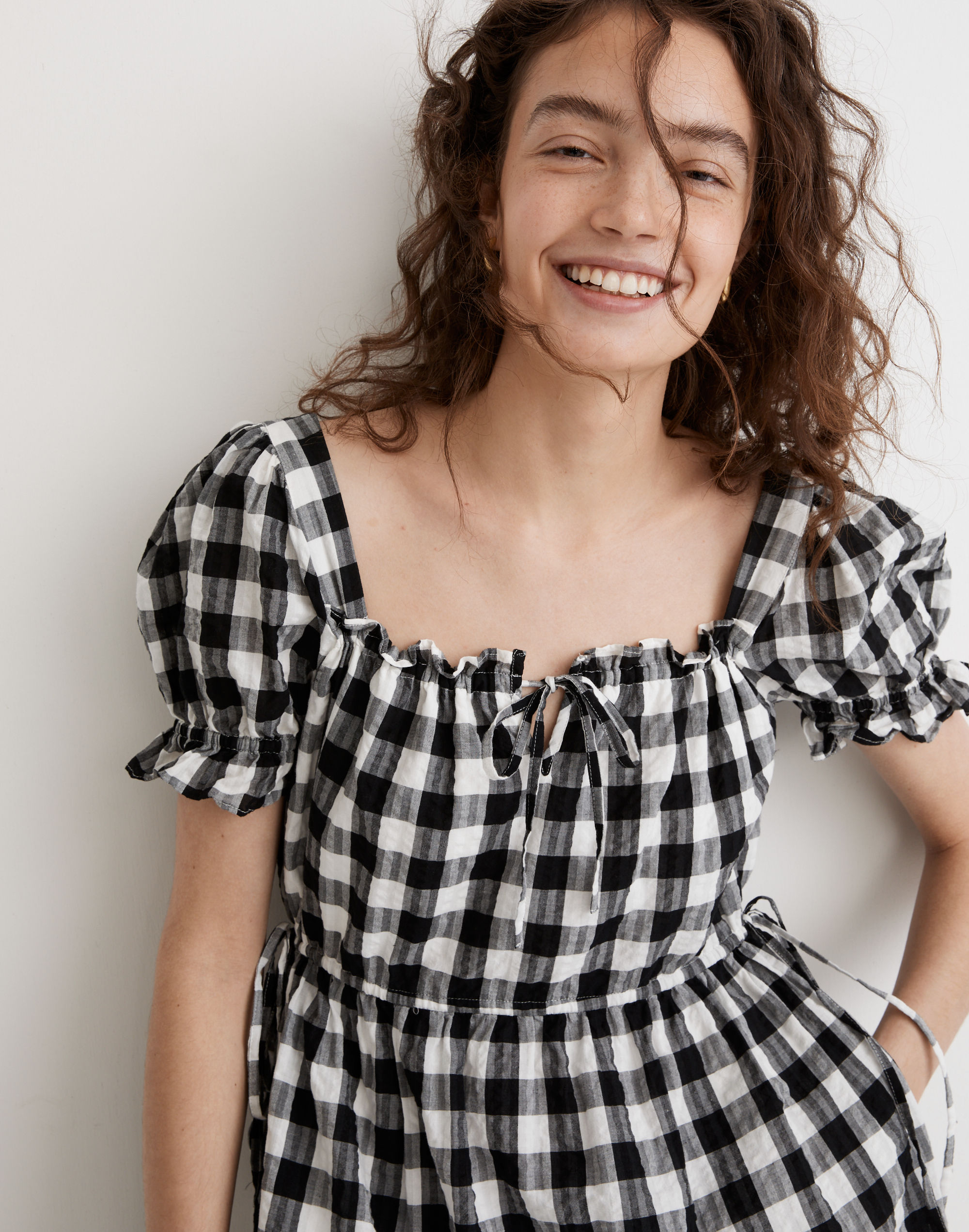 Square-Neck Tiered Mini Dress in Gingham Seersucker
