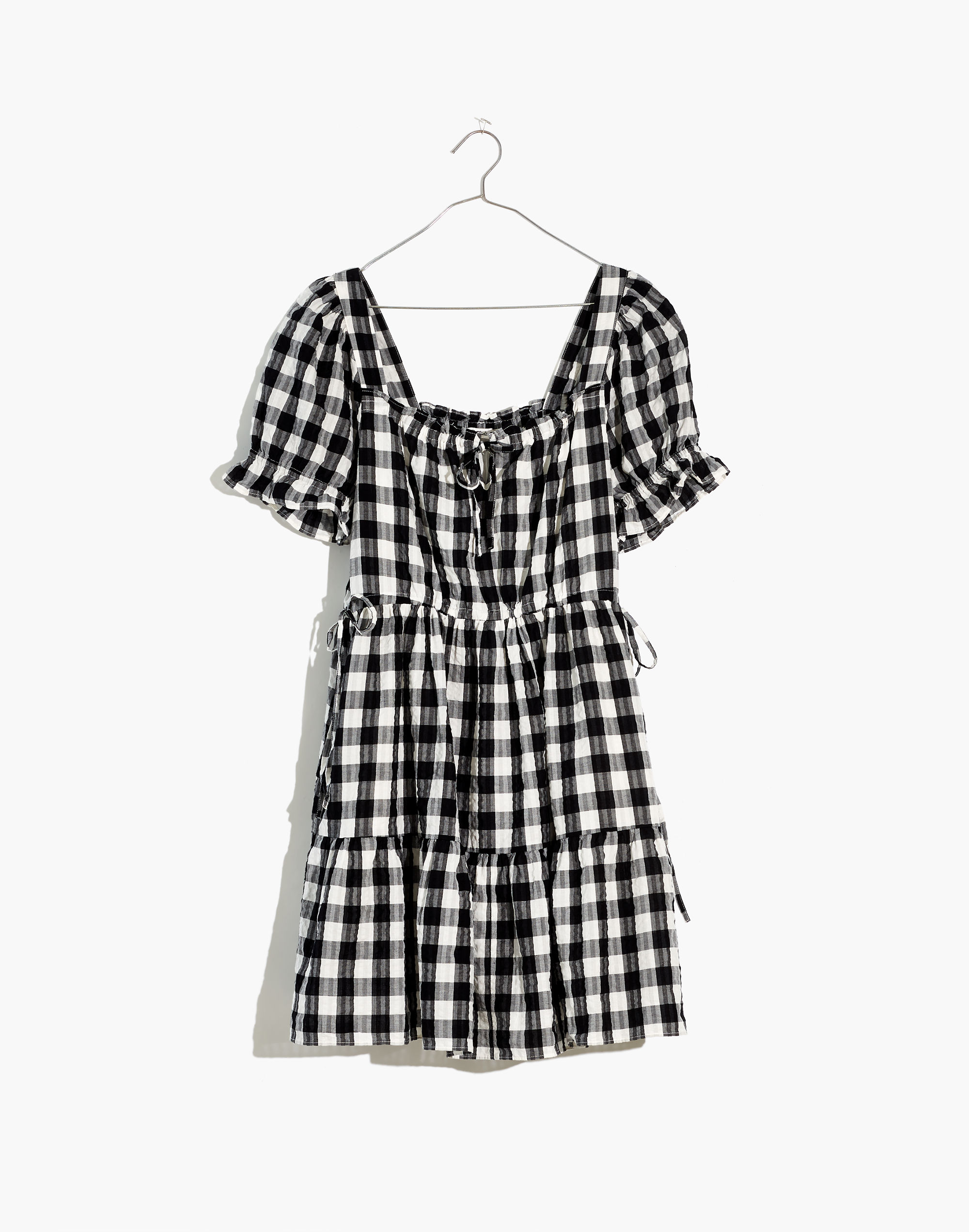 Square-Neck Tiered Mini Dress in Gingham Seersucker