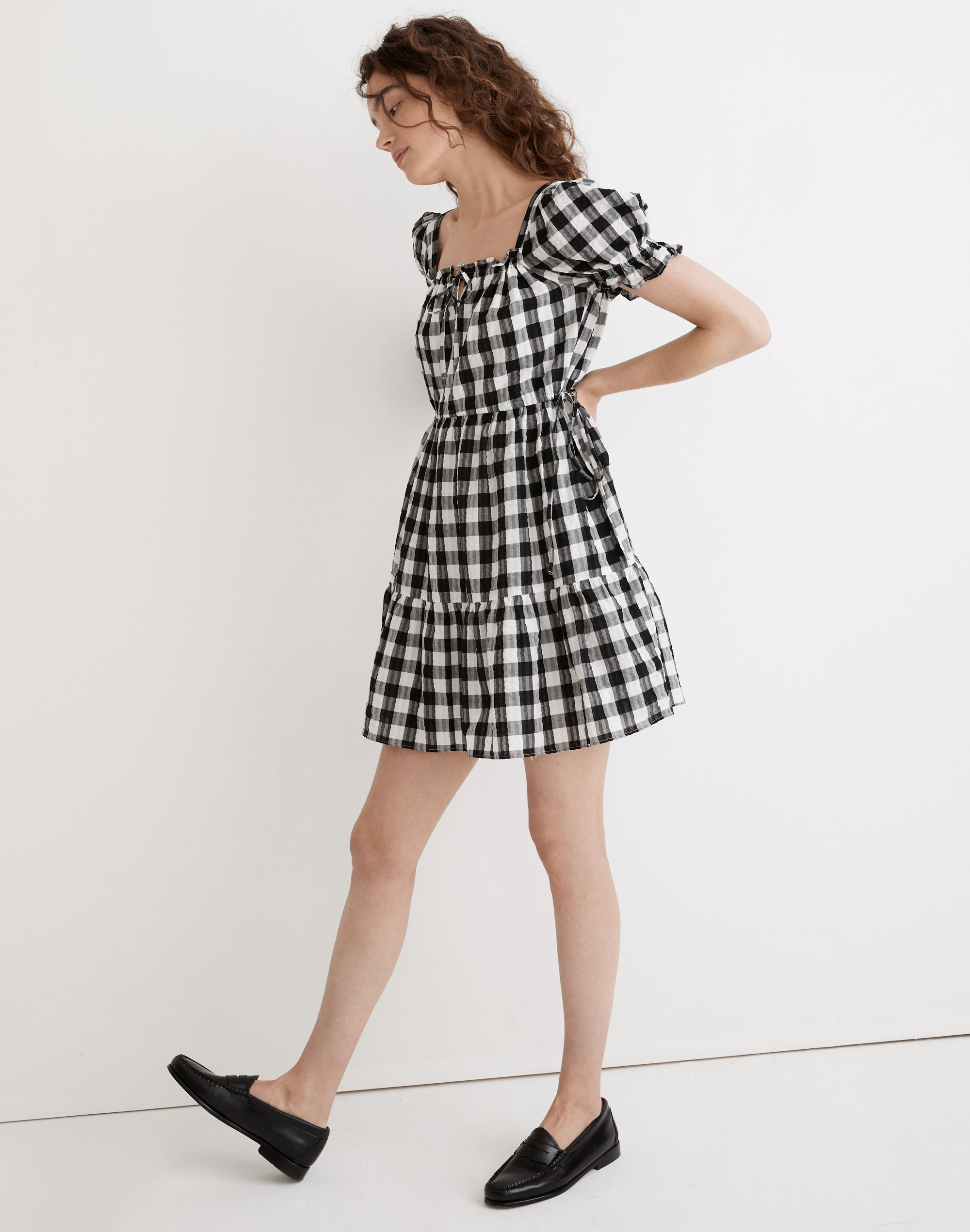 square-neck tiered mini dress in gingham seersucker