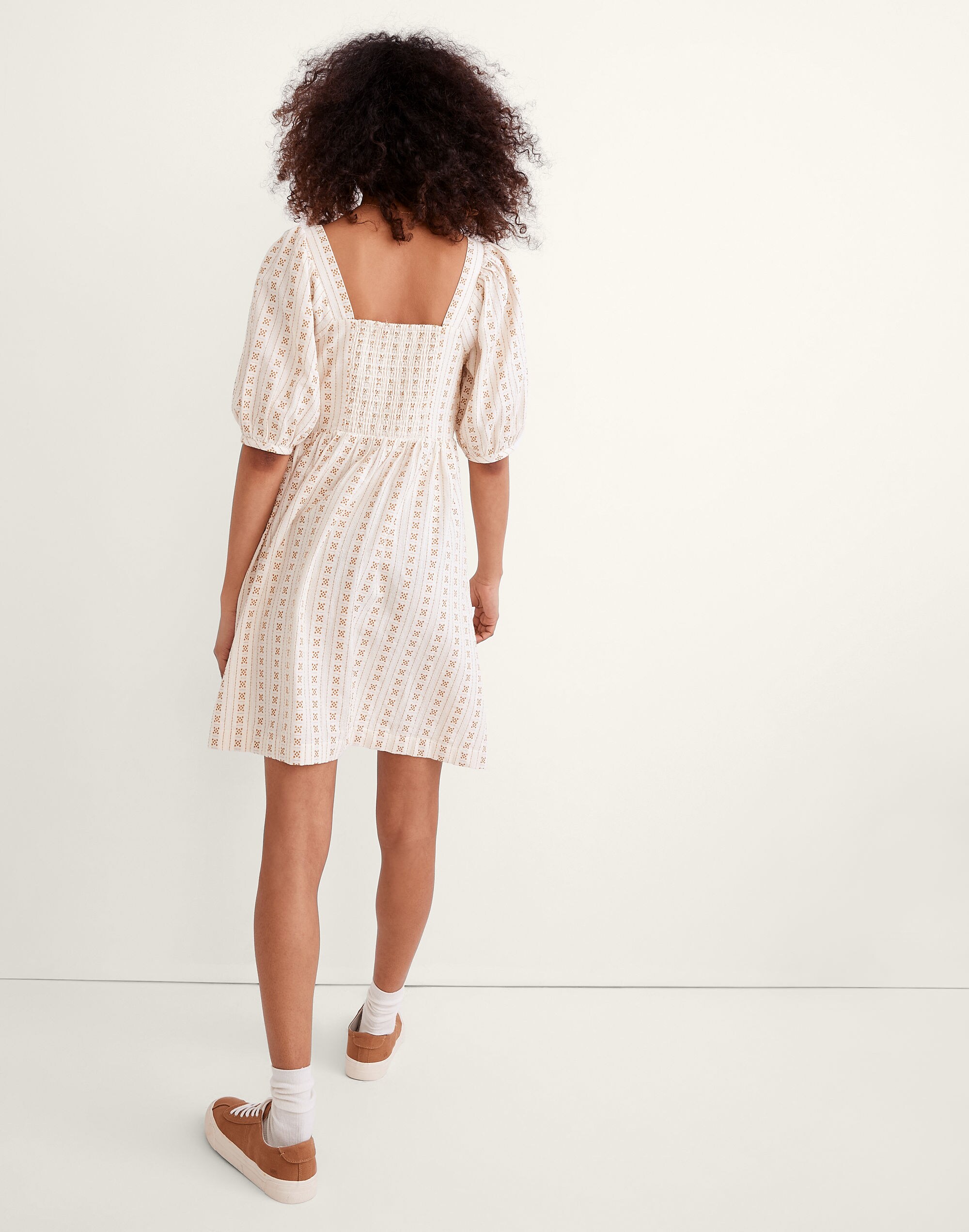 Square-Neck Puff-Sleeve Dress in Jacquard Stripe