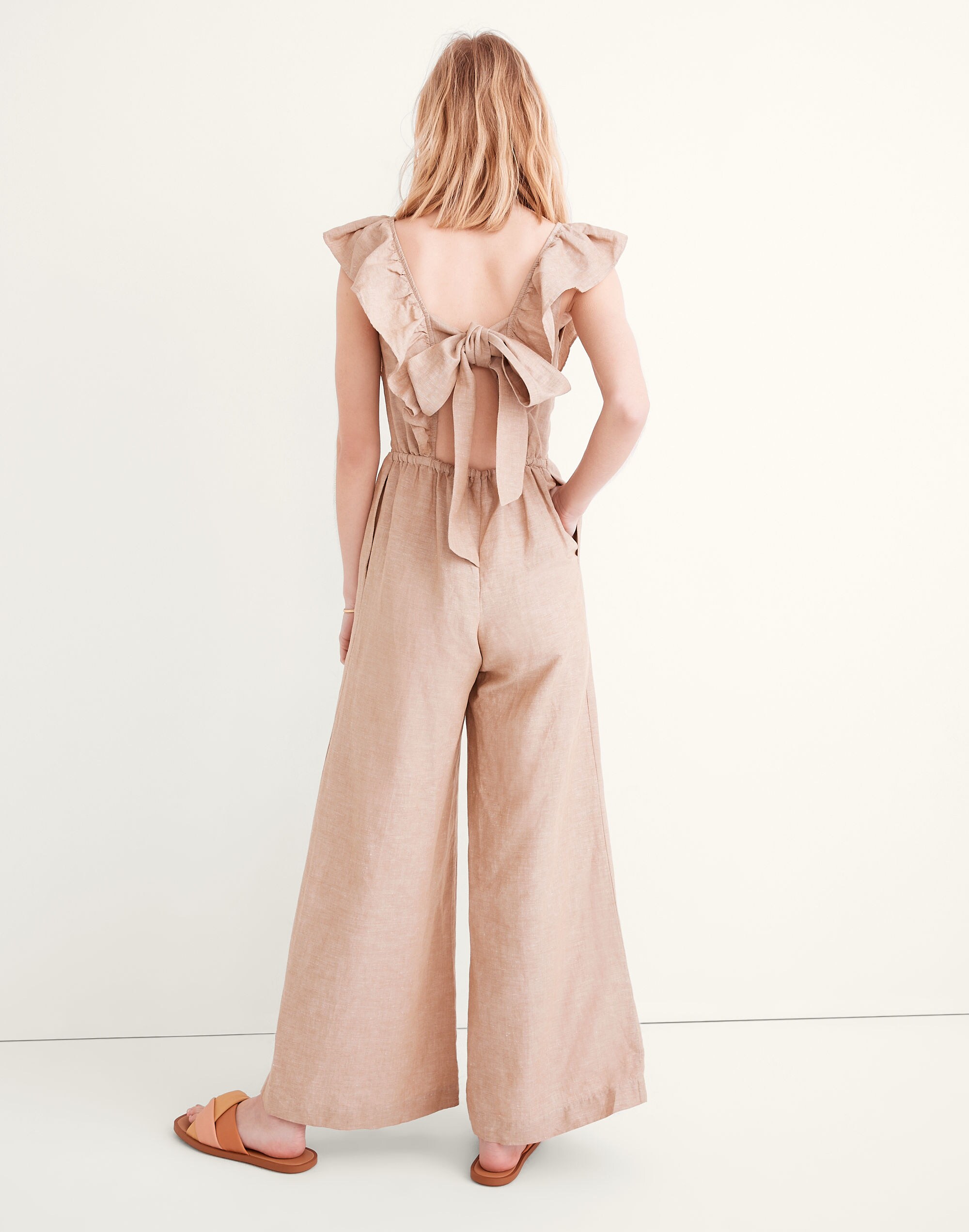 Linen-Blend Ruffle Tie-Back Jumpsuit