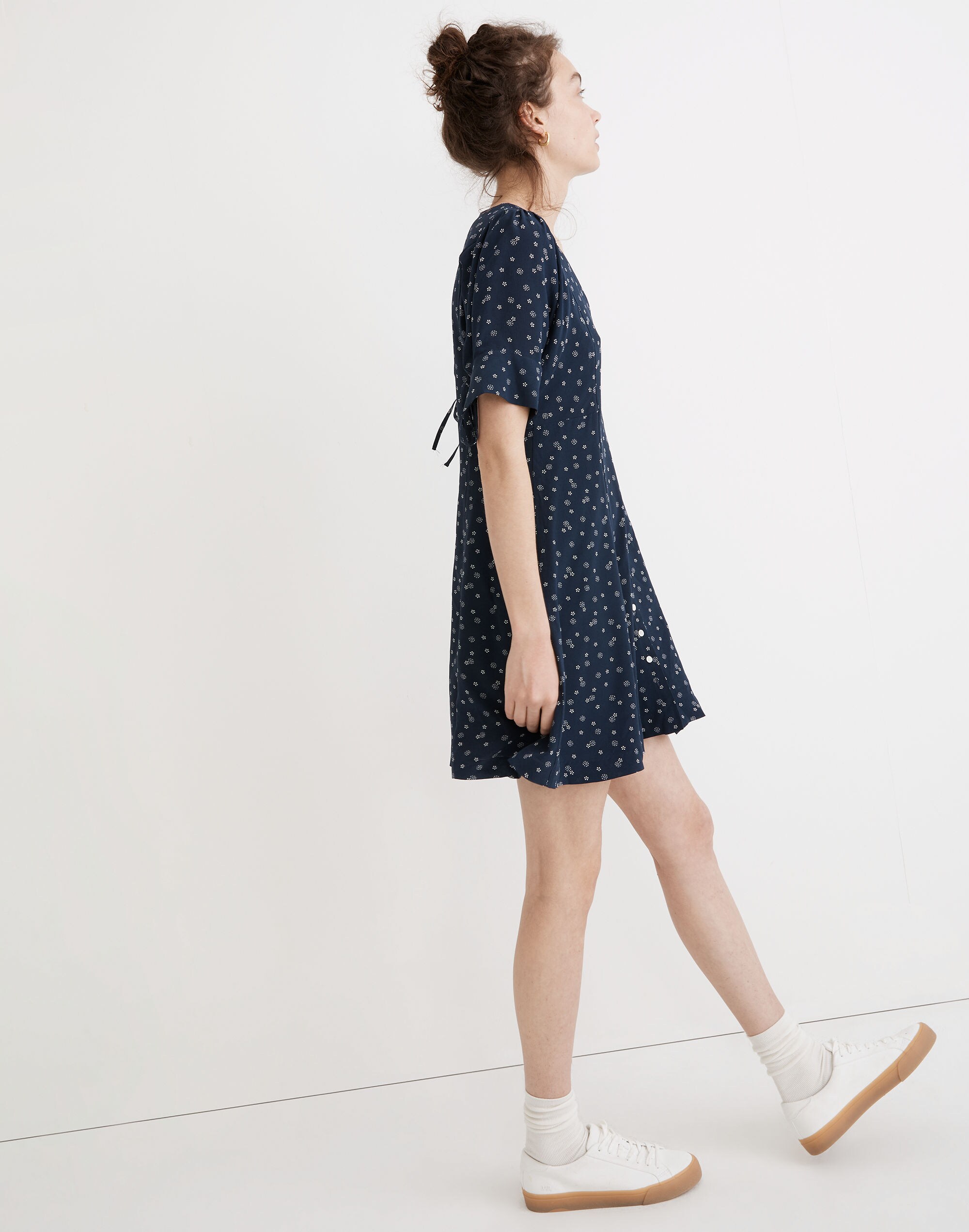 Silk Button-Front Mini Dress in Bandana Flower