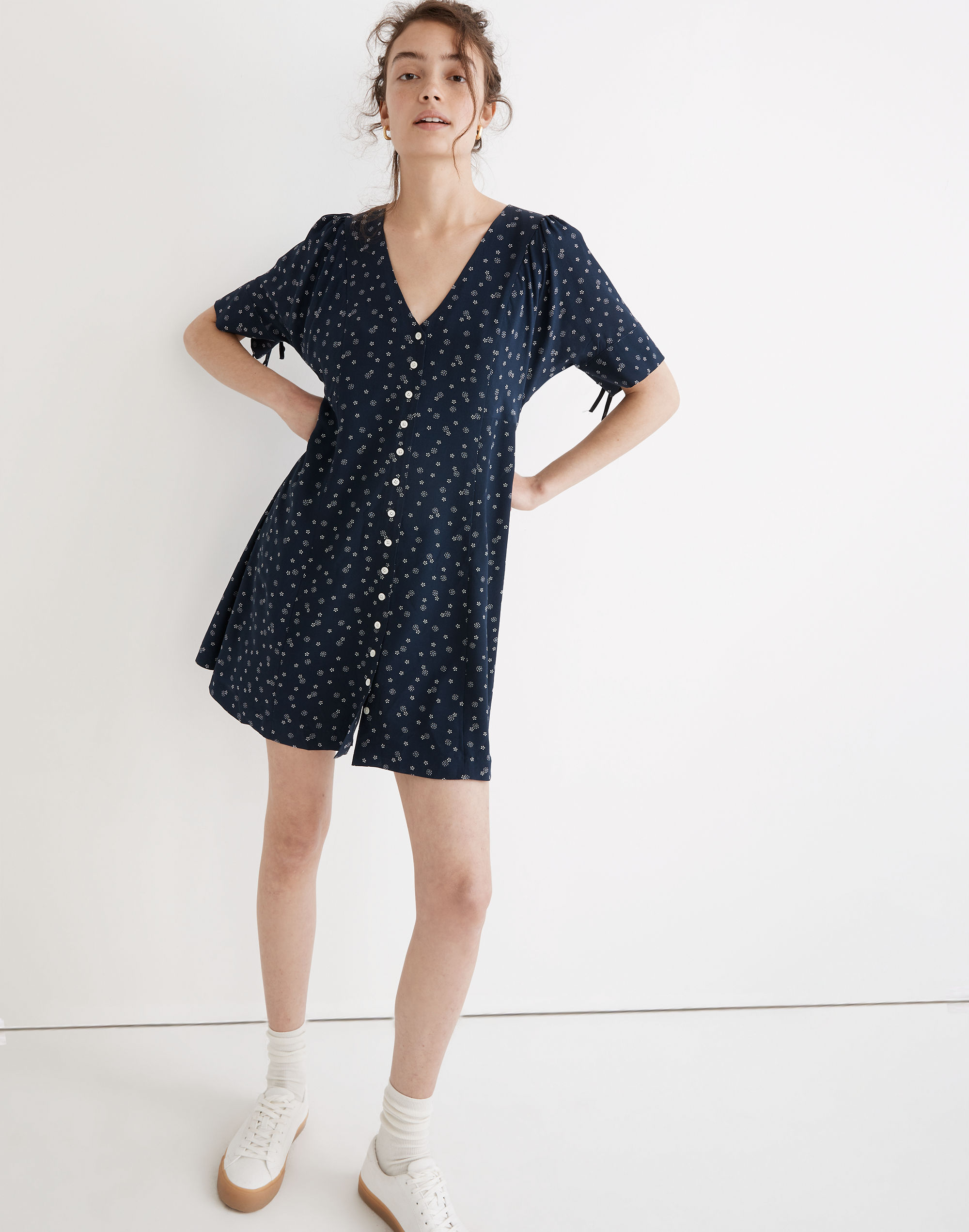 silk button-front mini dress in bandana flower