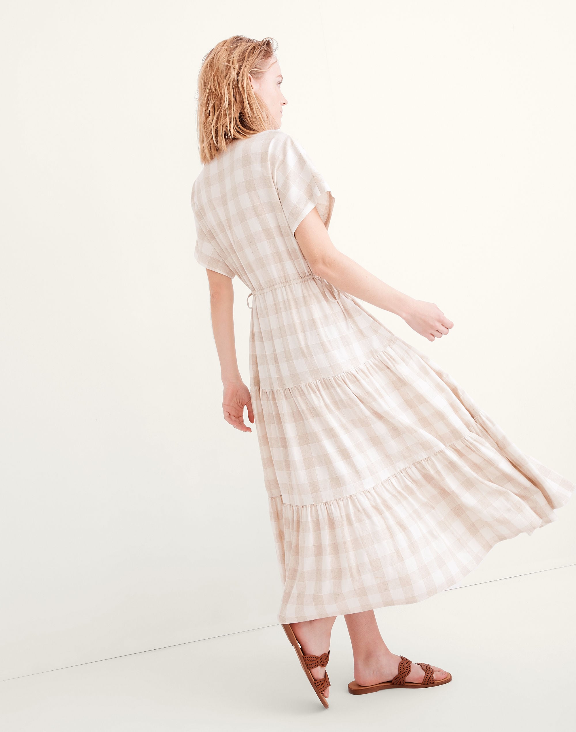 Button-Front Tiered Midi Dress: Undyed Gingham Edition