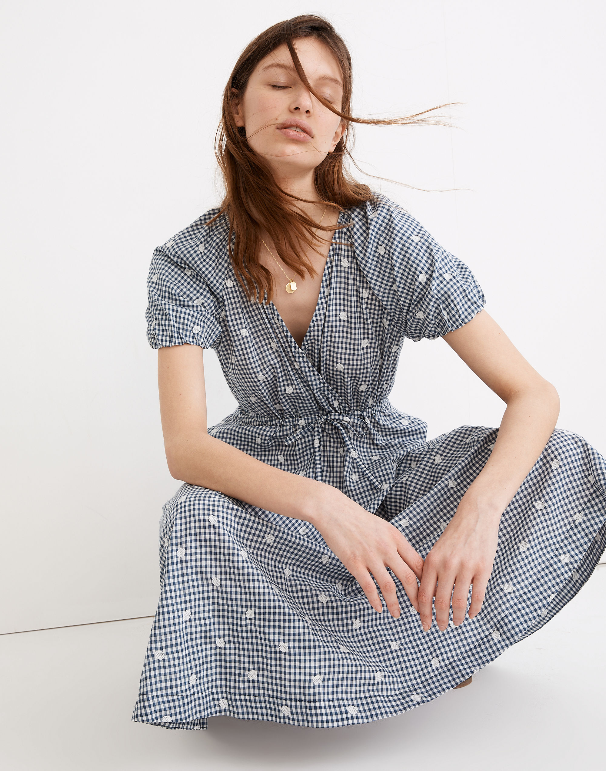 embroidered gingham faux-wrap tie-waist midi dress