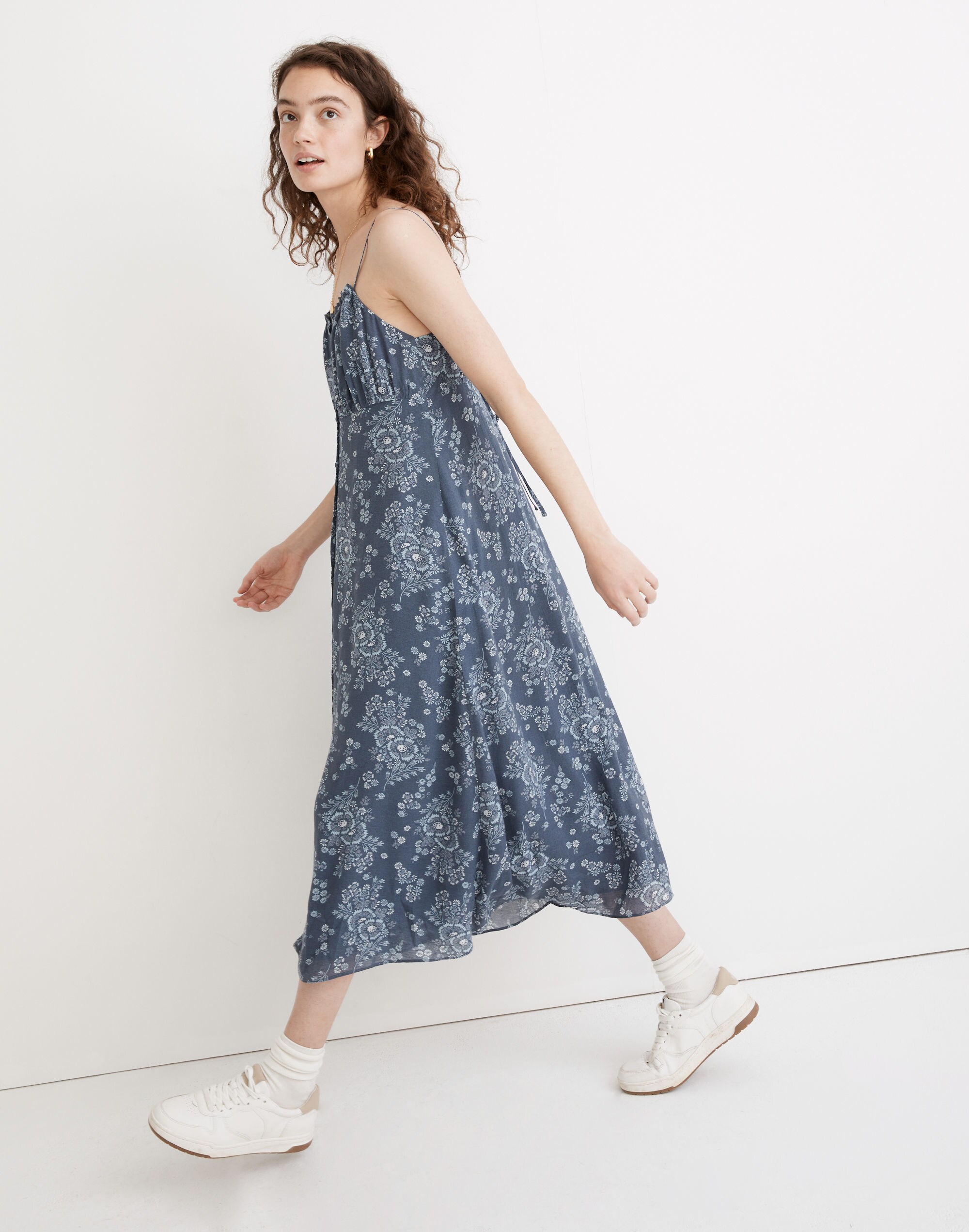 Tie-Back Button-Front Midi Dress in Archival Floral