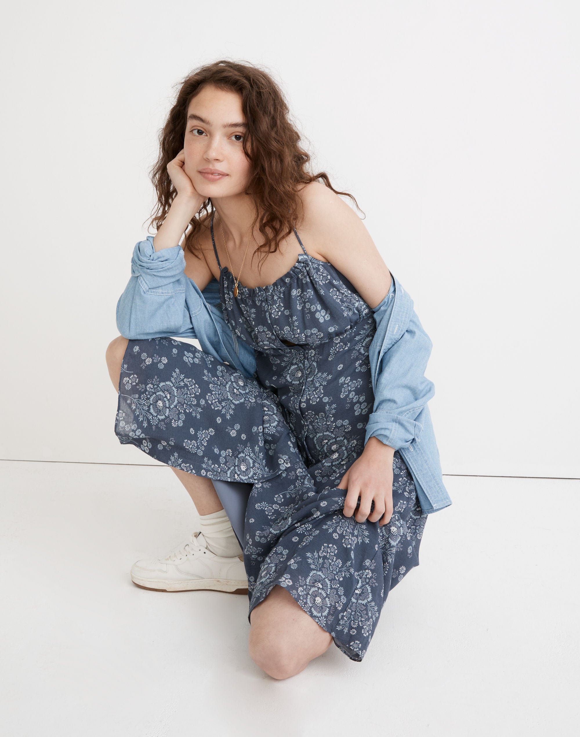 tie-back button-front midi dress in archival floral