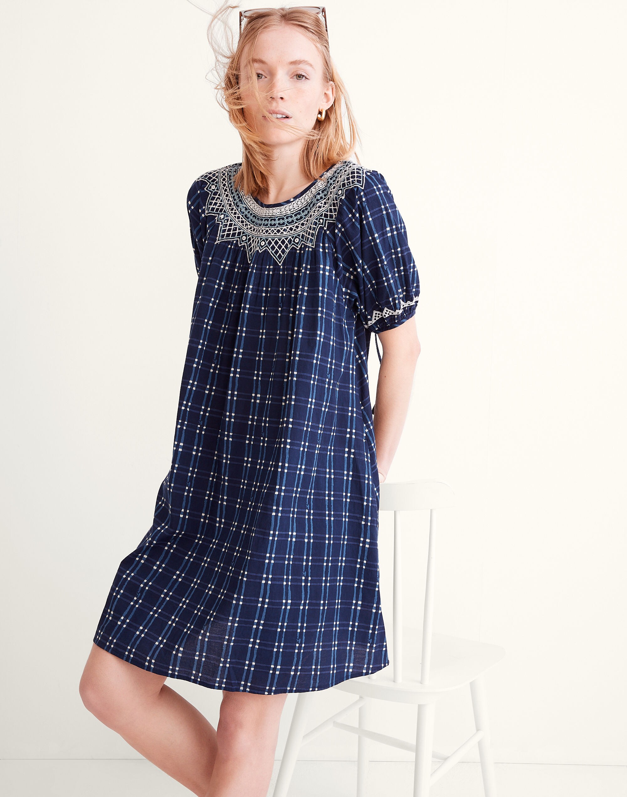 Embroidered Puff-Sleeve Babydoll Dress in Indigo Plaid