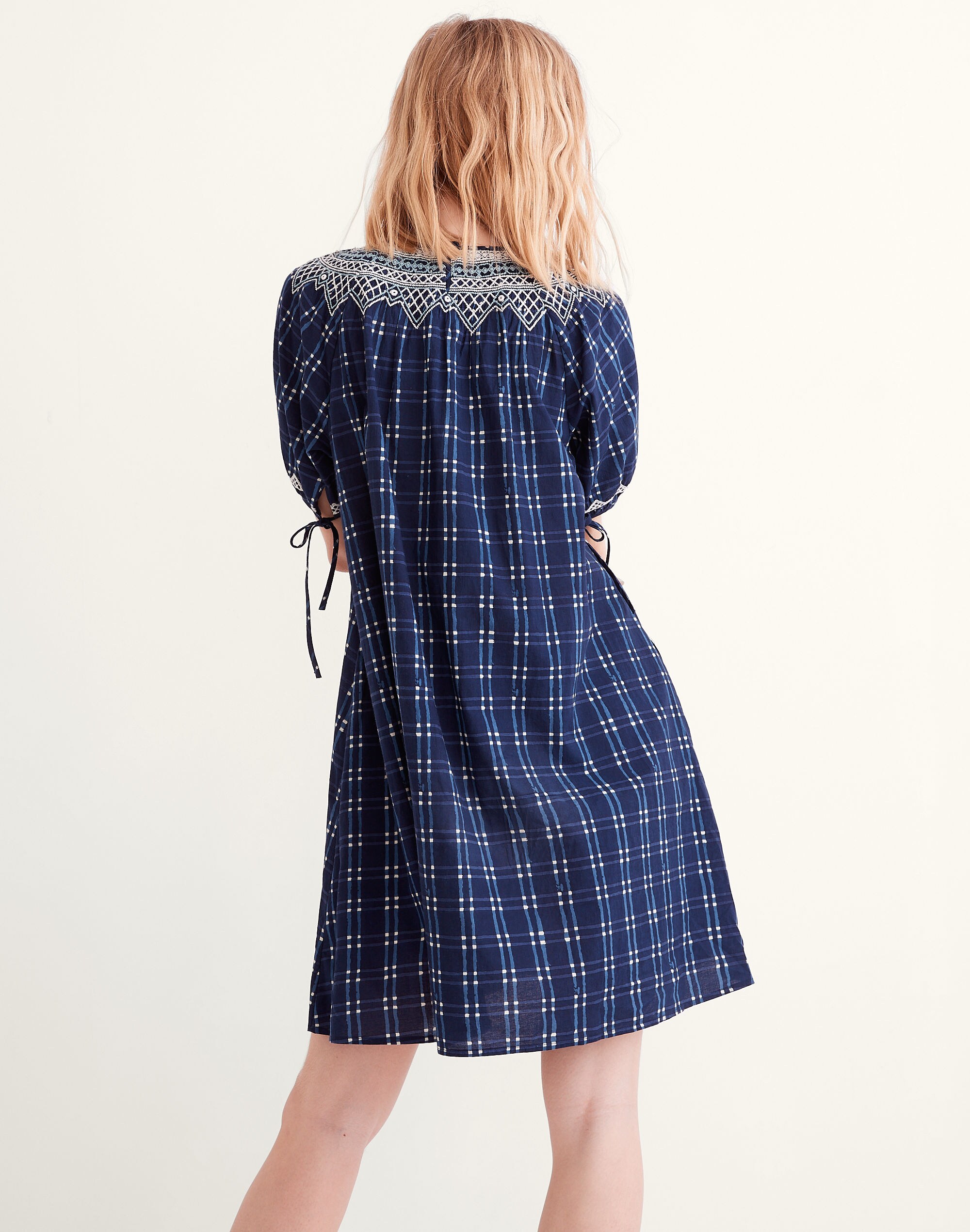 Embroidered Puff-Sleeve Babydoll Dress in Indigo Plaid