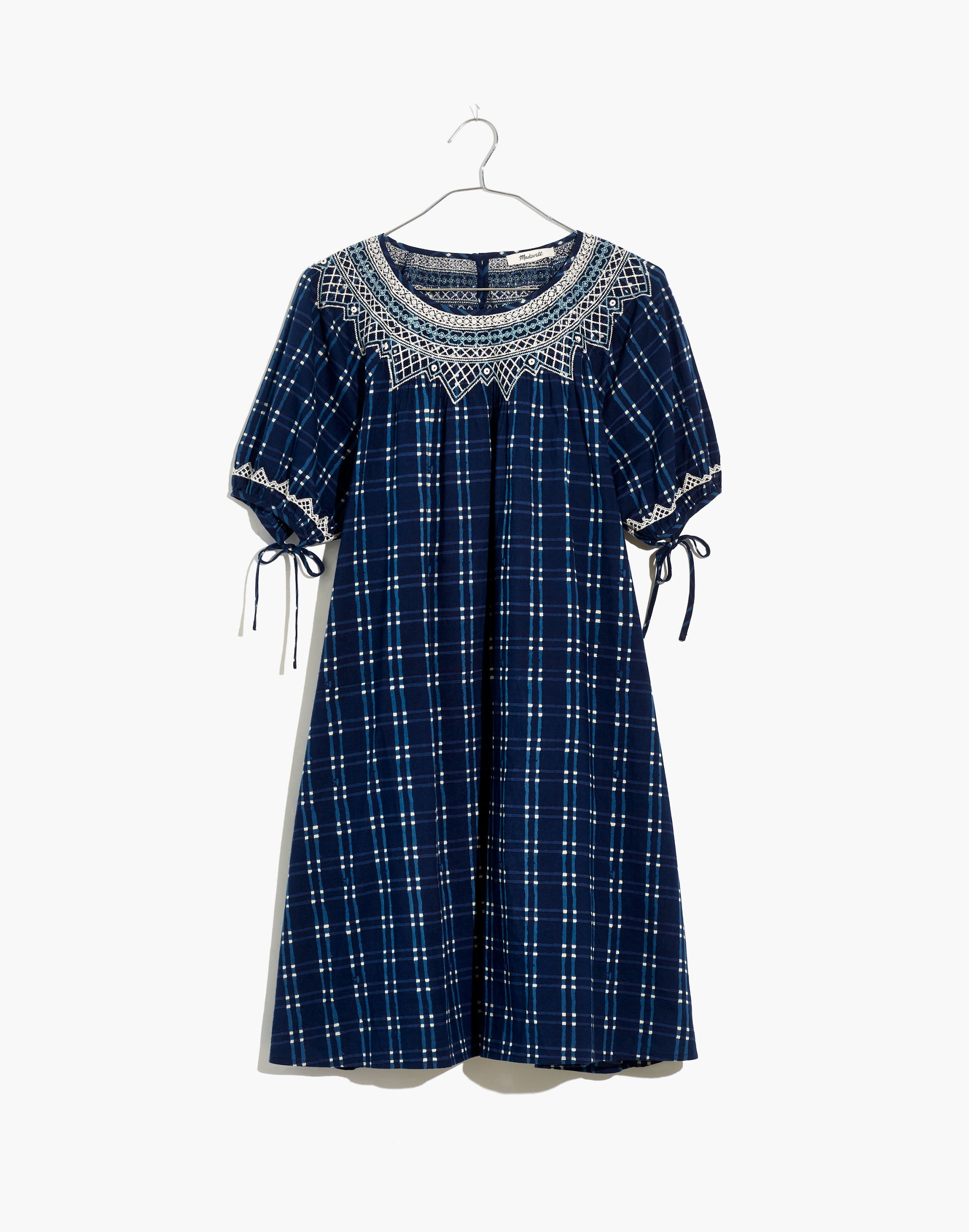 Embroidered Puff-Sleeve Babydoll Dress in Indigo Plaid