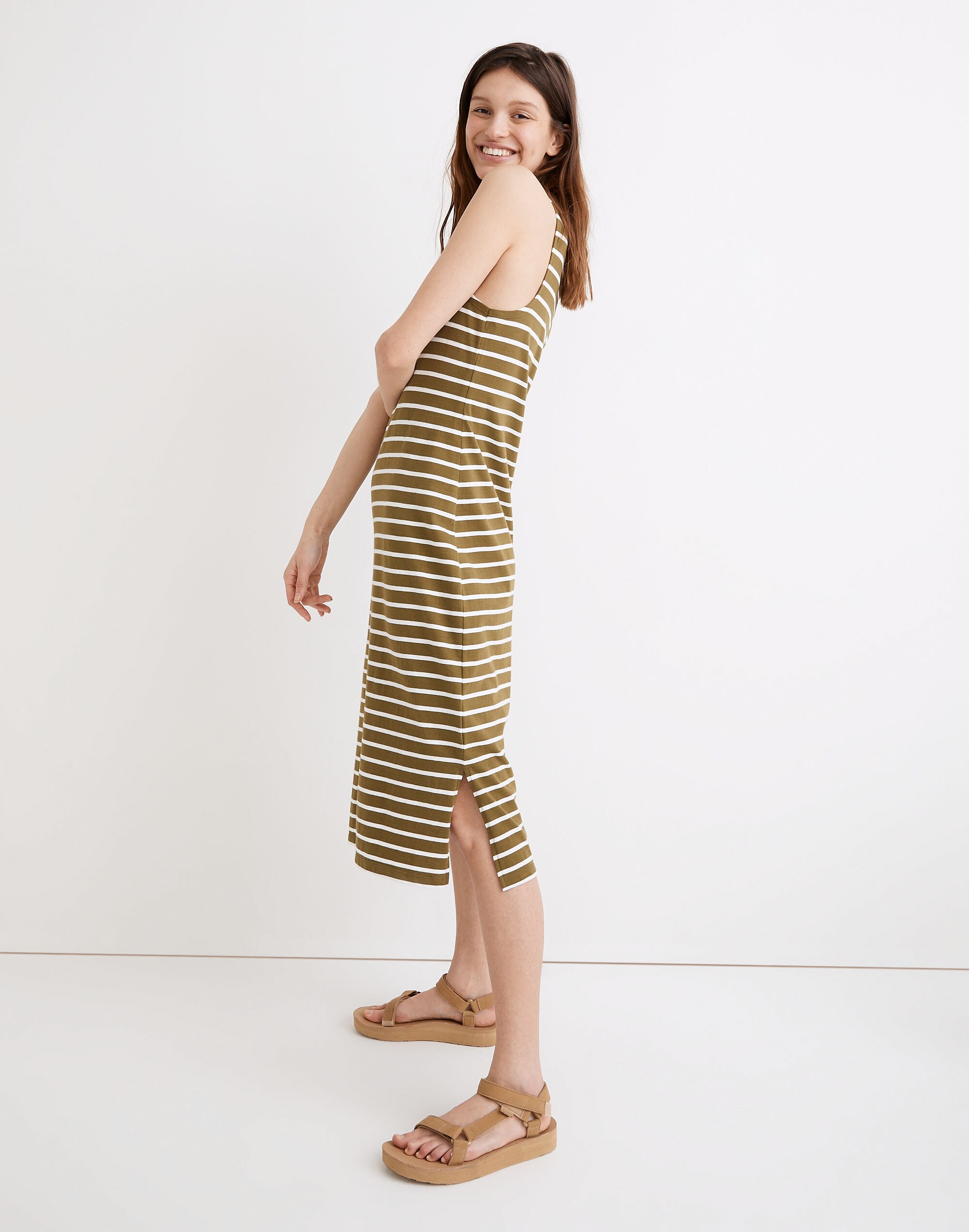 Organic Cotton Crewneck Tank Midi Dress in Stripe