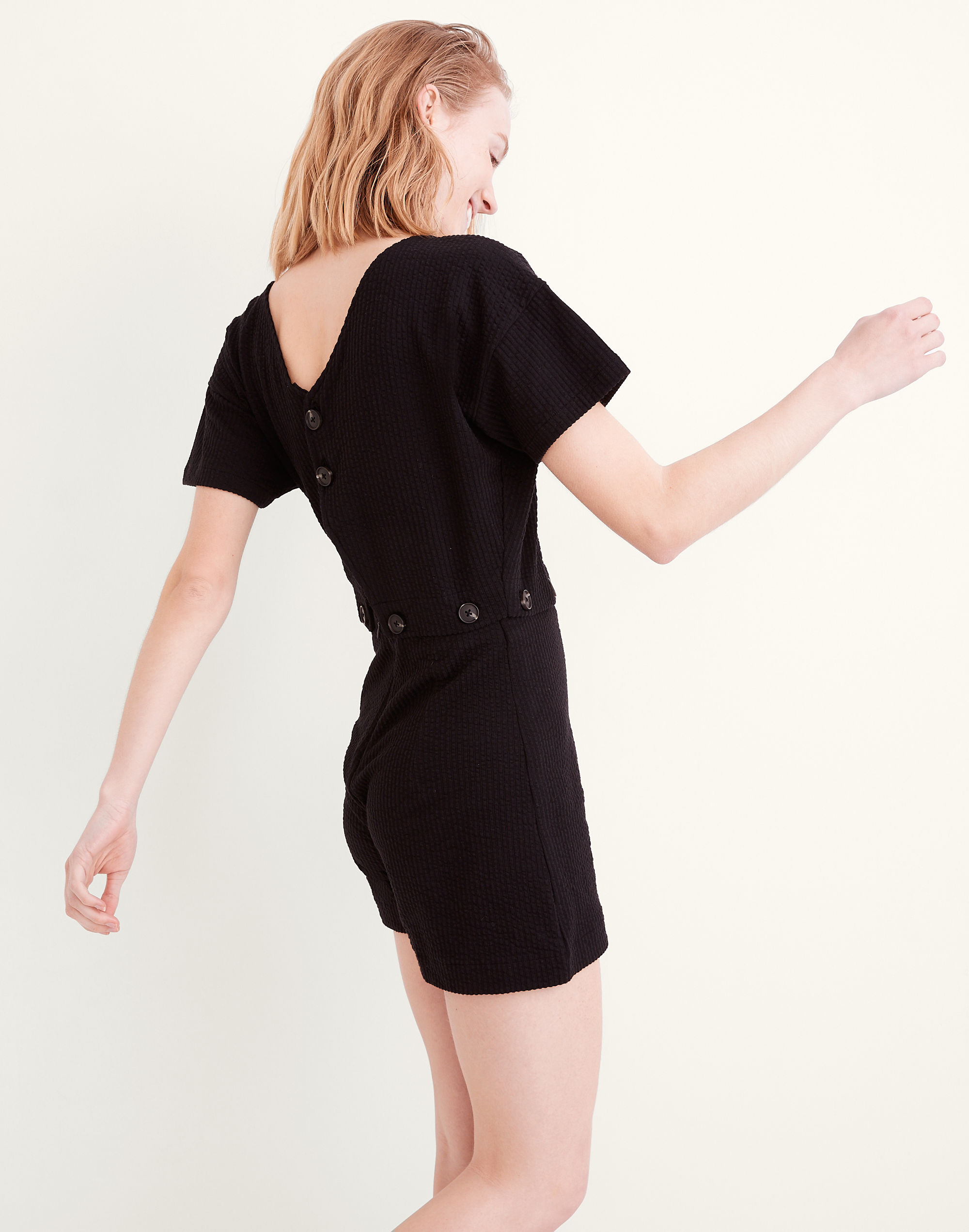 Seersucker Knit Button-Waist Romper